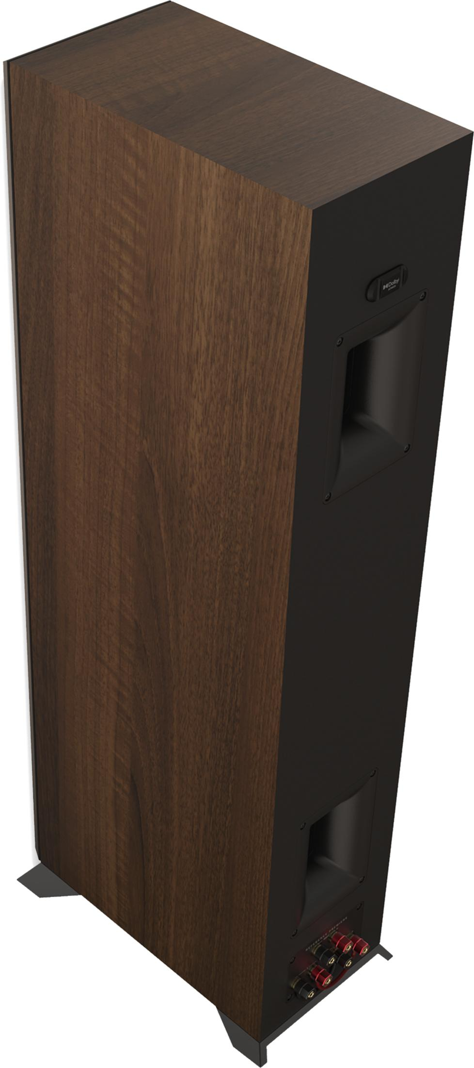 Ein schlanker, hoher Lautsprecher mit Holzmaserung und schwarzem Gehäuse.