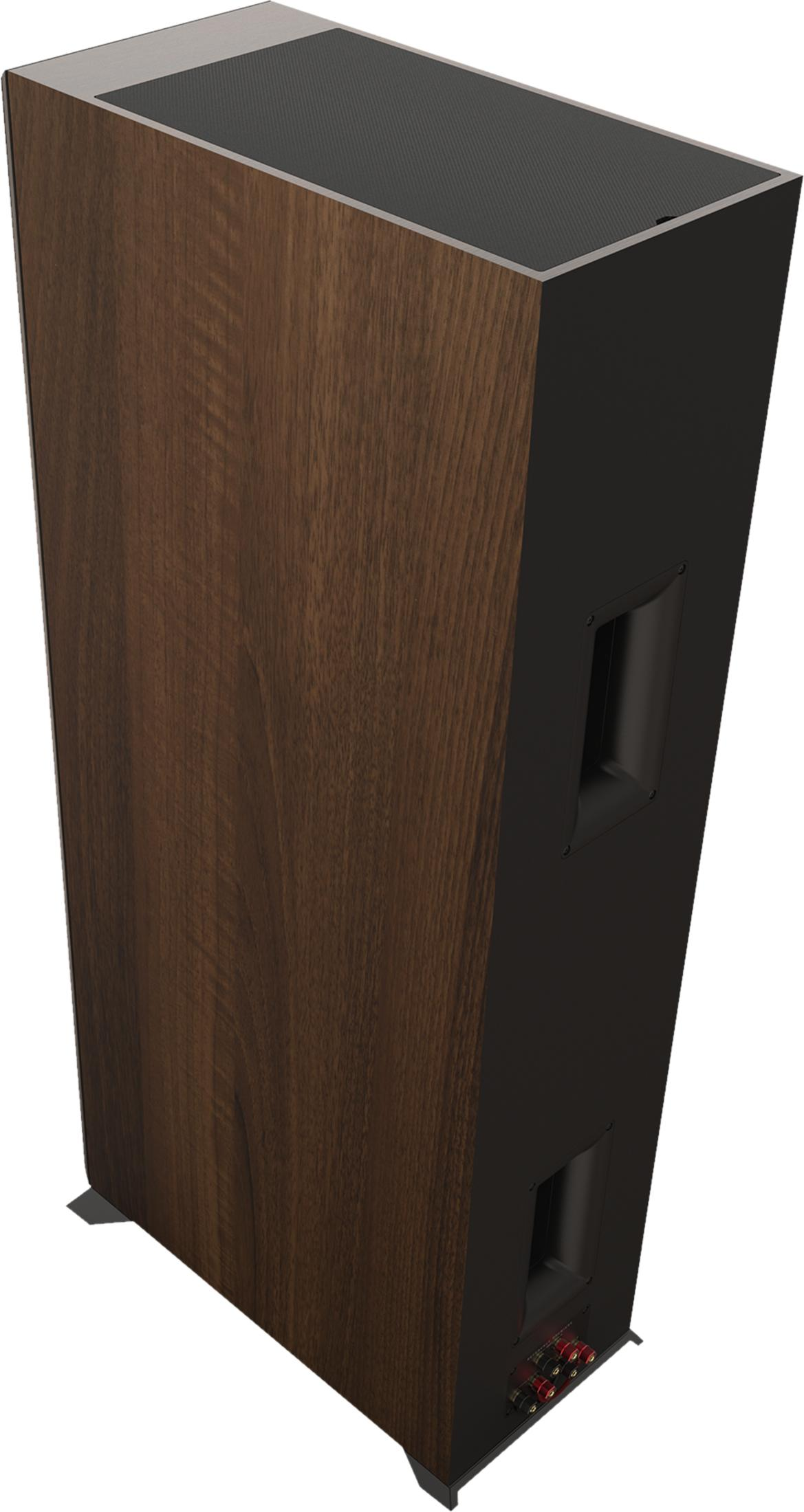 Ein Holzlautsprecher mit schwarzem Port und Anschlüssen.