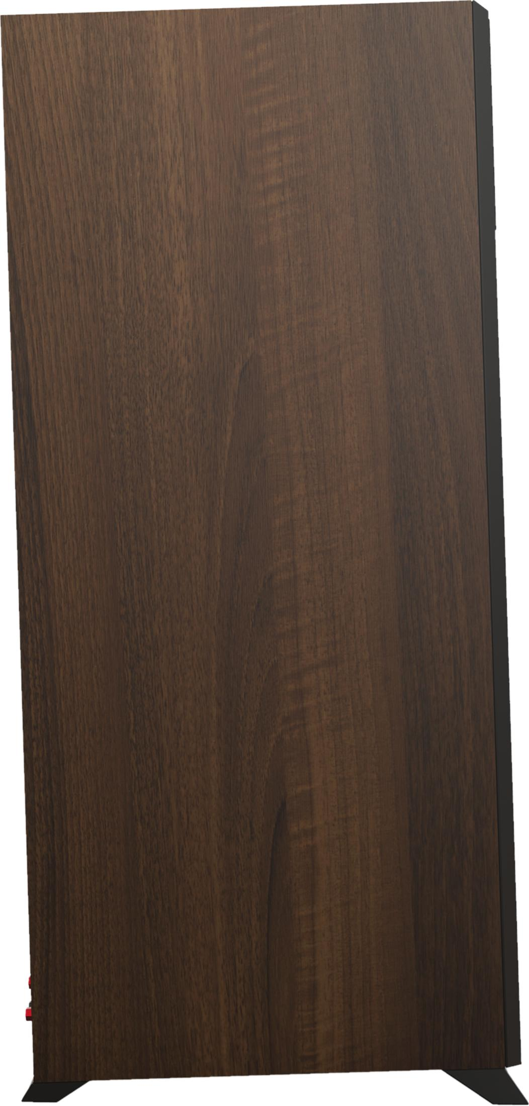 Dunkelbraune Holzmaserung auf der Seite eines Möbels mit schwarzen Füßen.