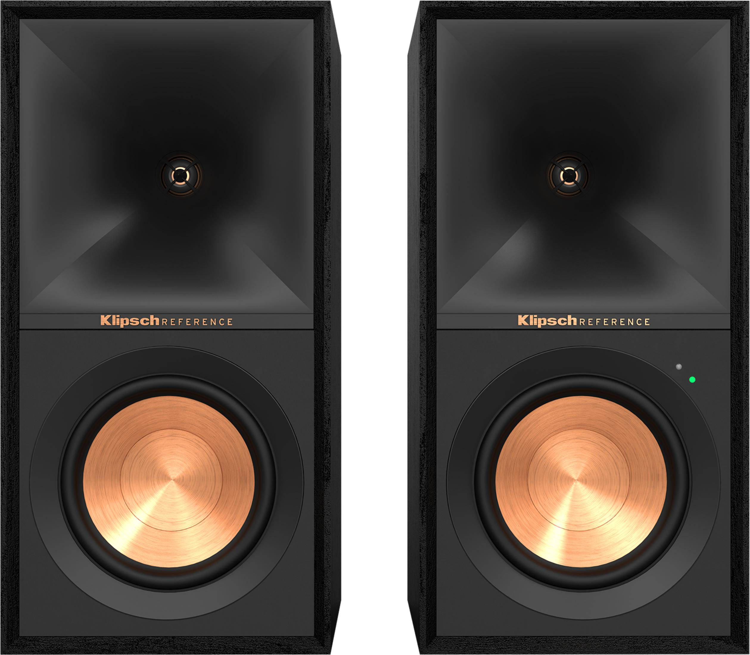 Due altoparlanti neri con woofer in rame e logo Klipsch.