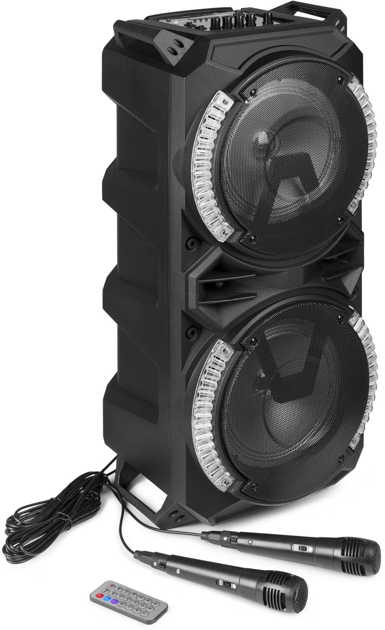 Ein schwarzes Doppel-Lautsprechersystem mit zwei Mikrofonen und Fernbedienung.