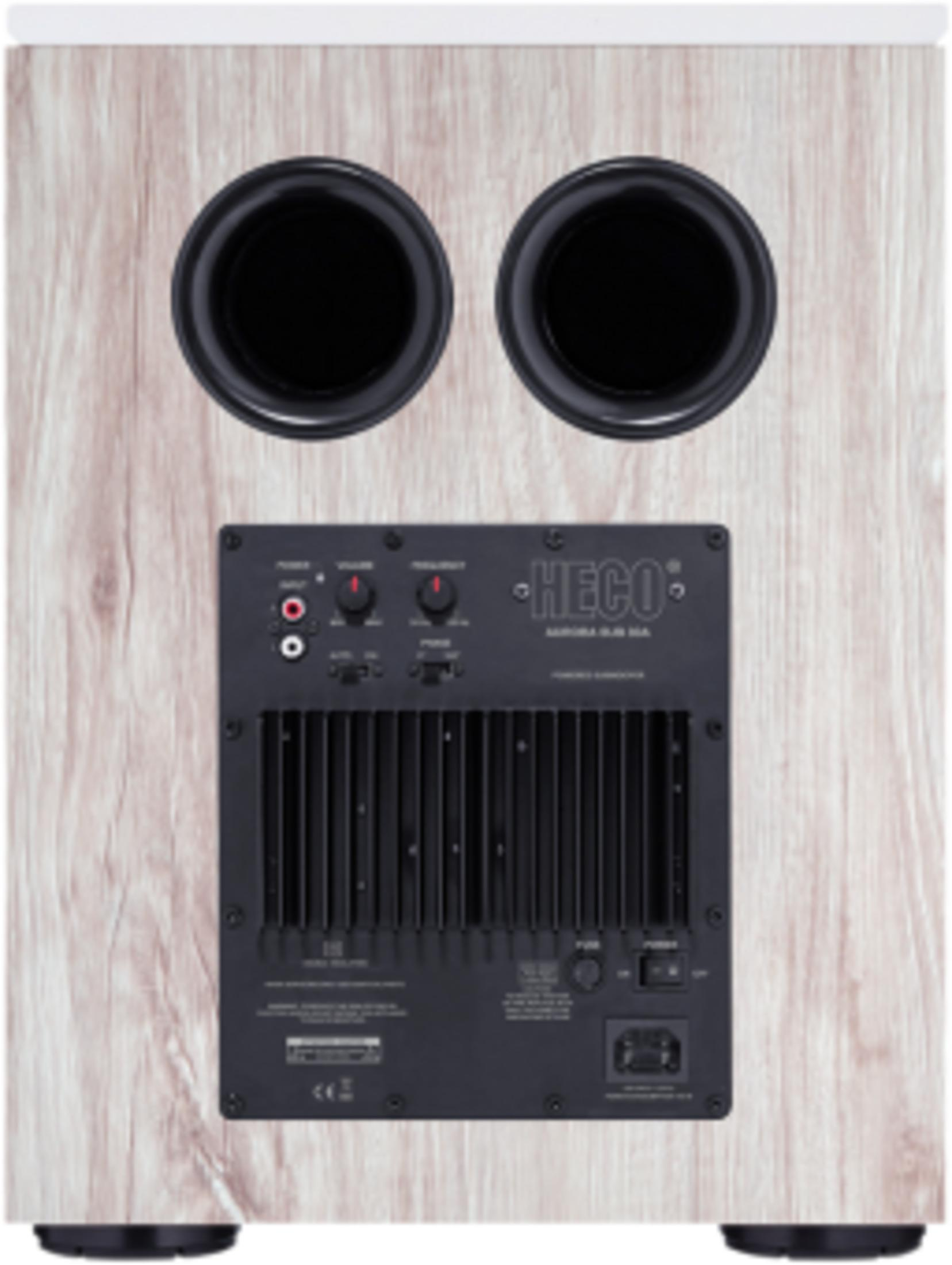 Rückseite eines Subwoofers mit zwei Bassreflexöffnungen und Anschlussfeld.