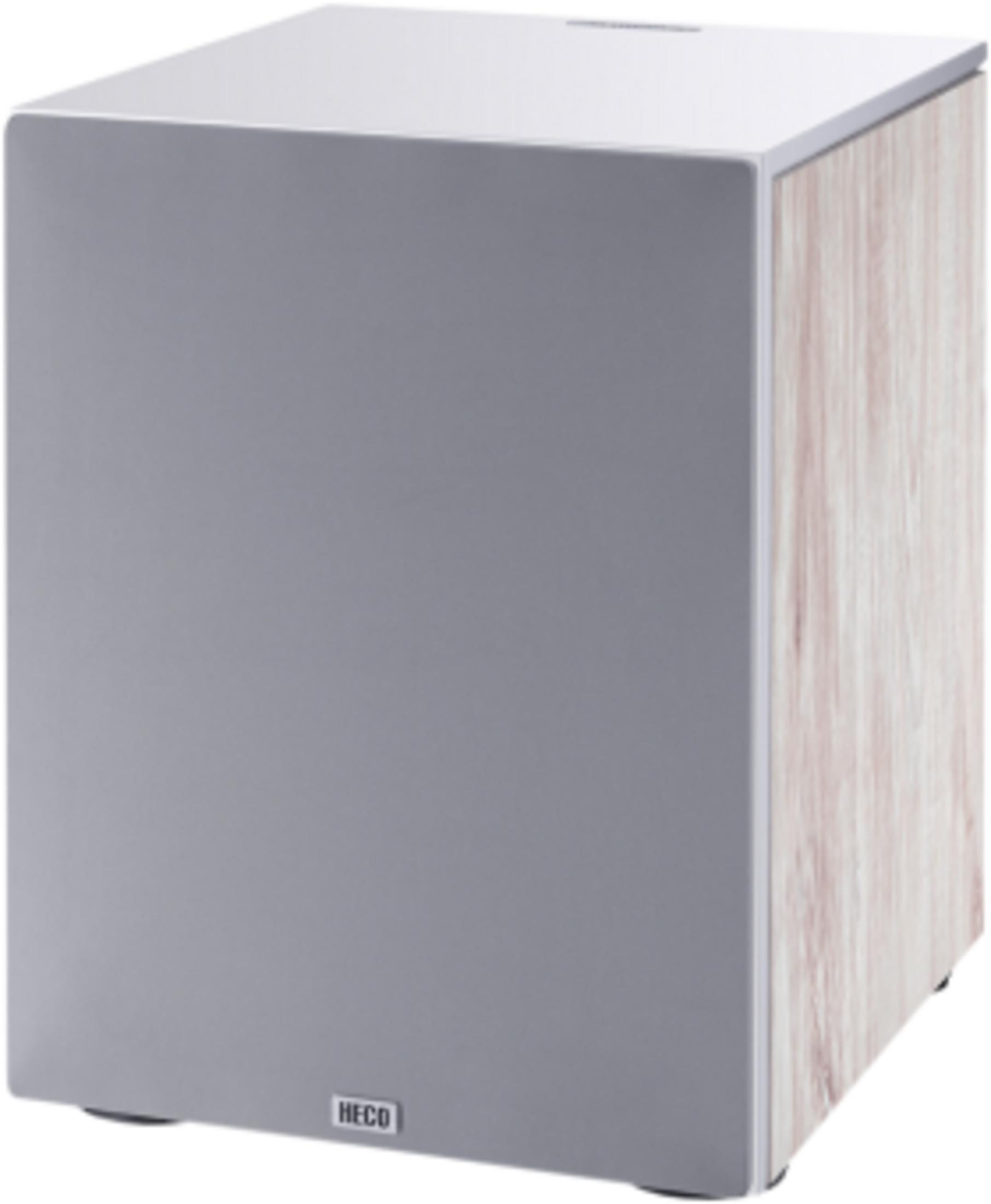 Ein grauer Subwoofer mit Holzdekor-Seiten und HECO-Logo.