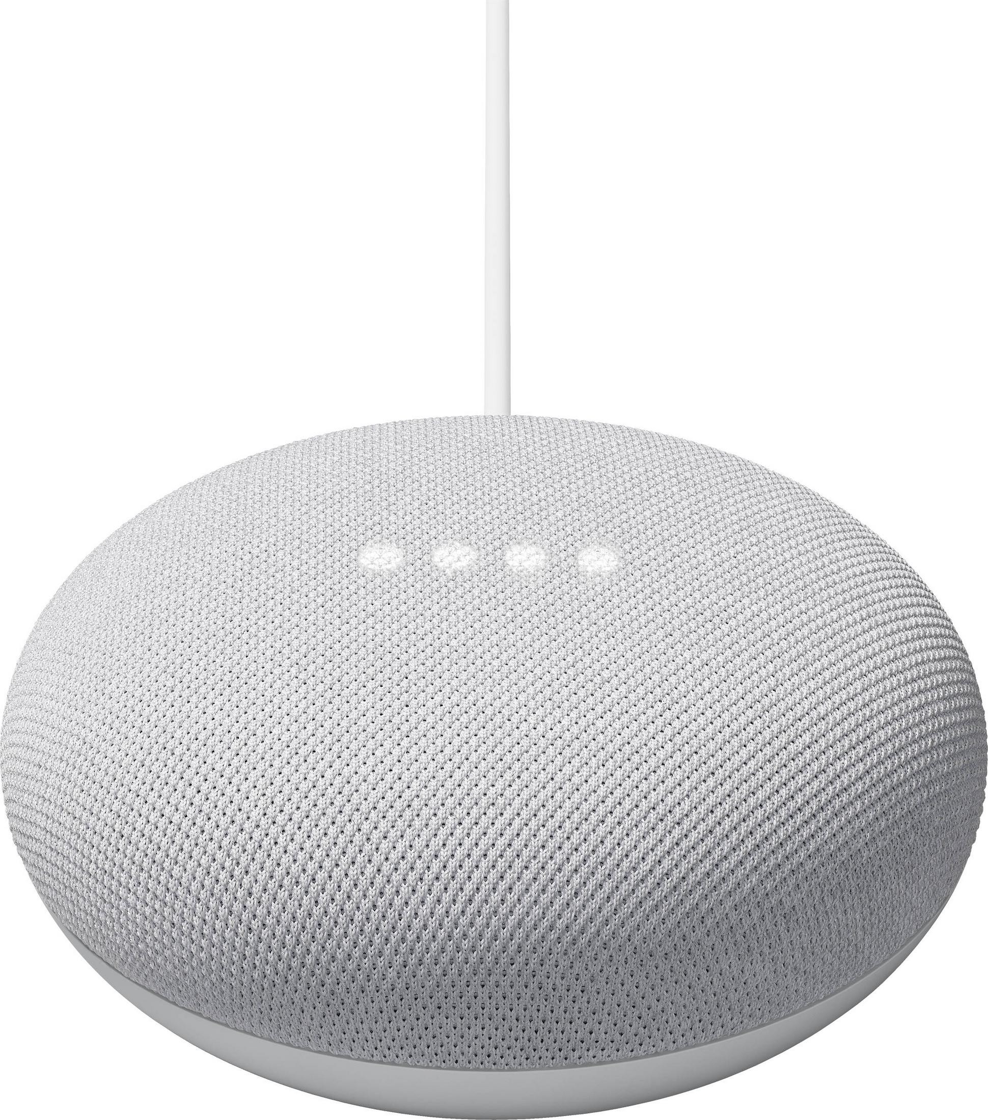 Un altavoz Google Home Mini gris con luces iluminadas y un cable blanco.