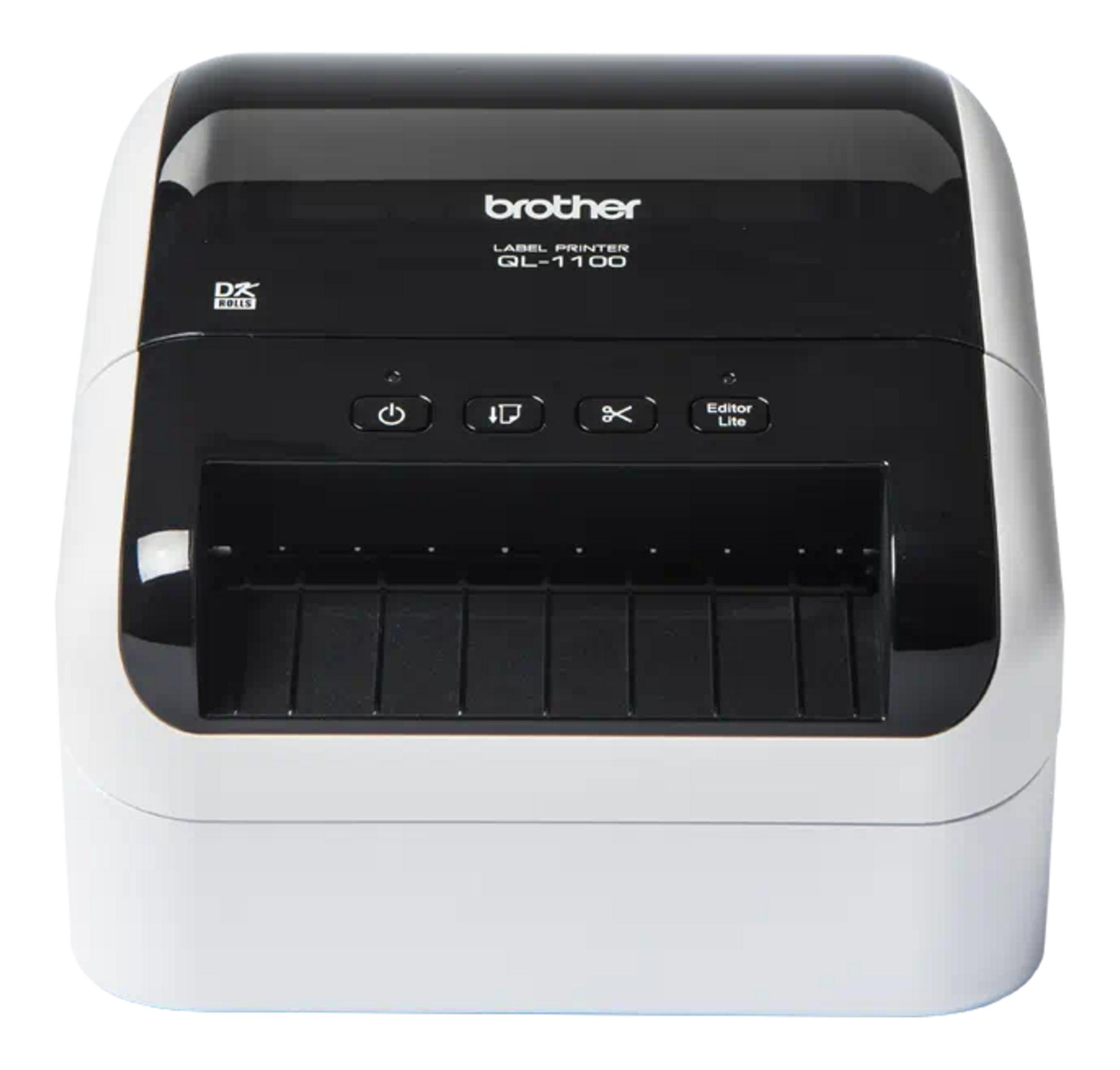 Una impresora de etiquetas Brother QL-1100 blanca y negra con botones.