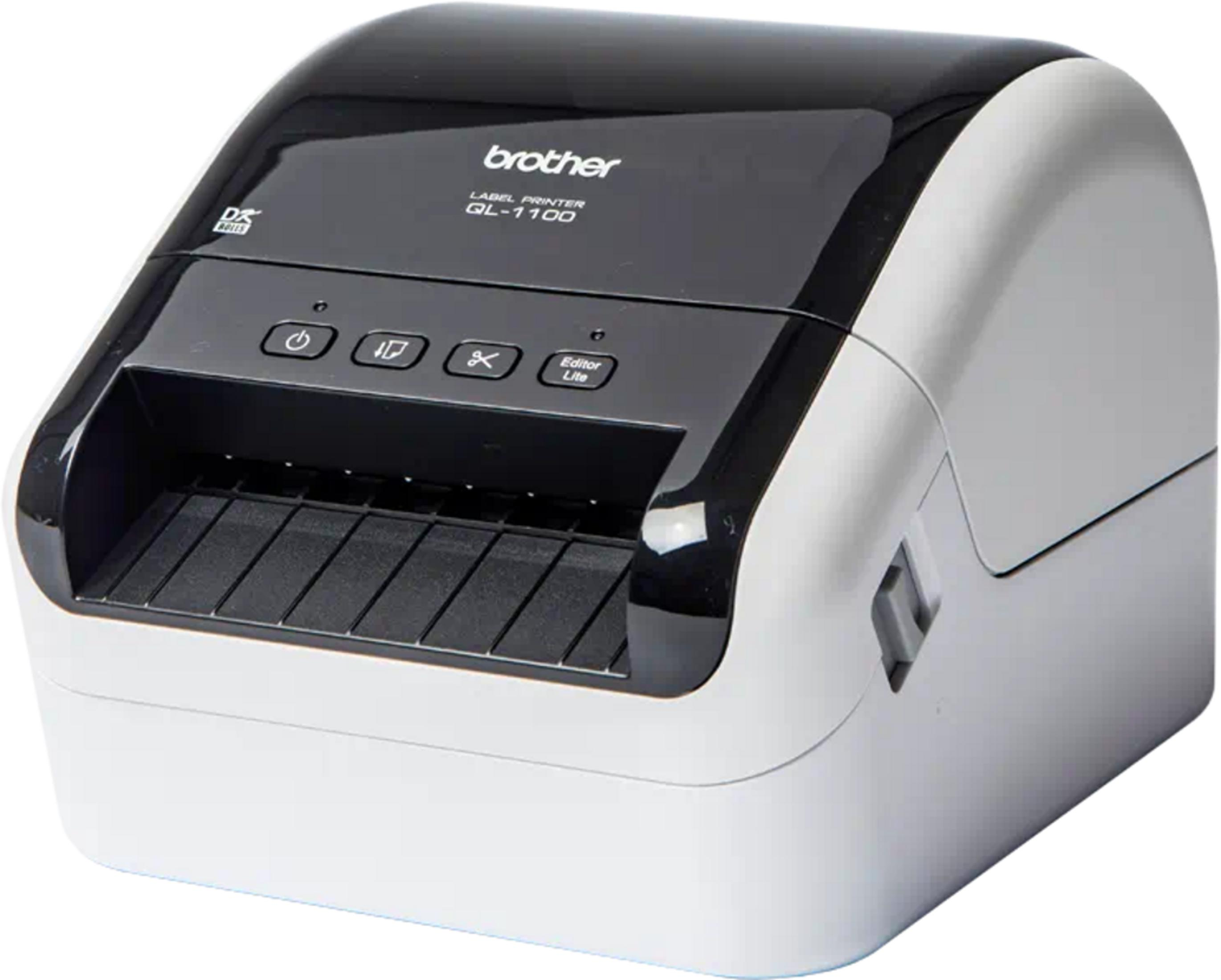 Una impresora de etiquetas Brother QL-1100 en blanco y negro con botones.