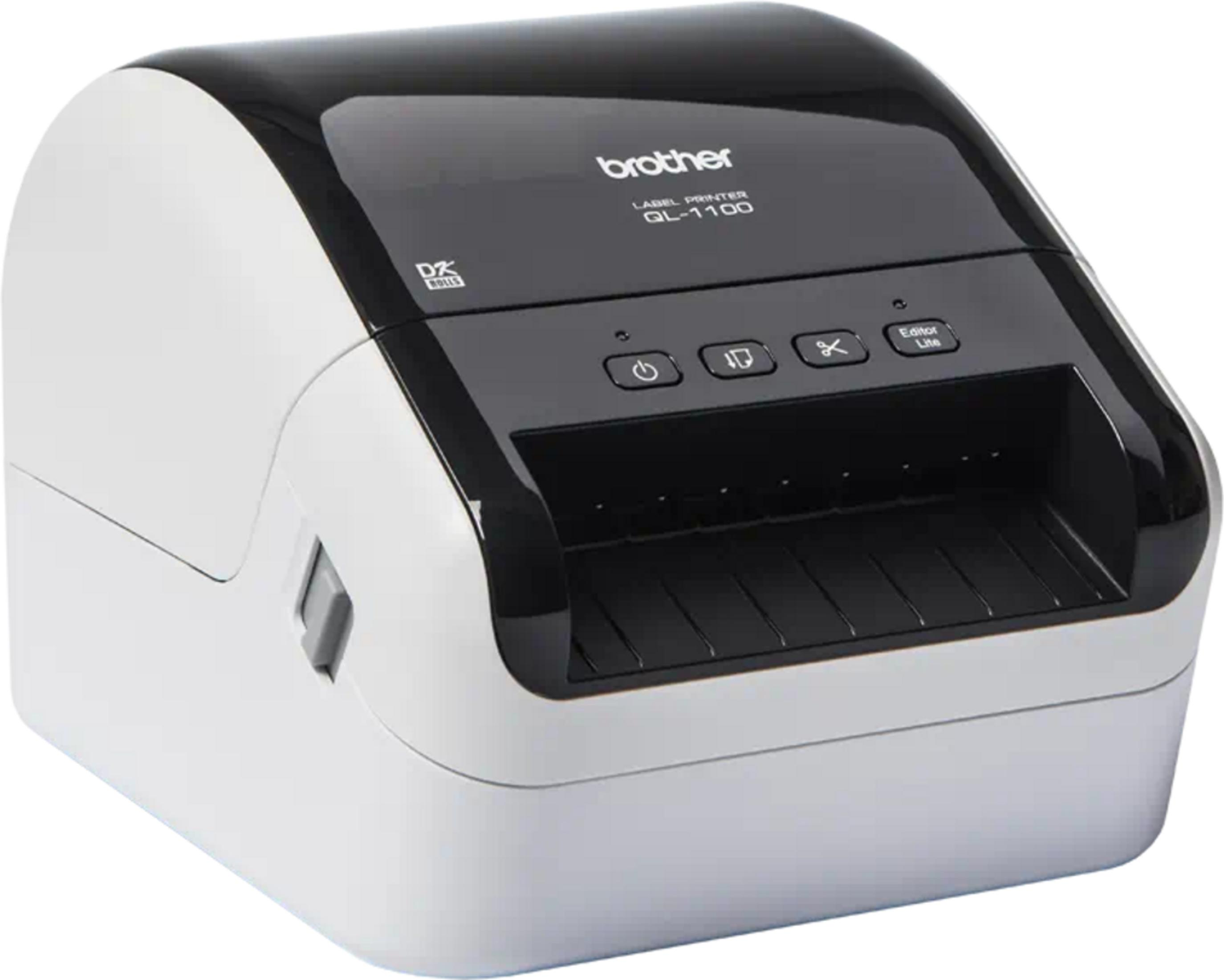 Una impresora de etiquetas Brother QL-1100 blanca y negra con botones.