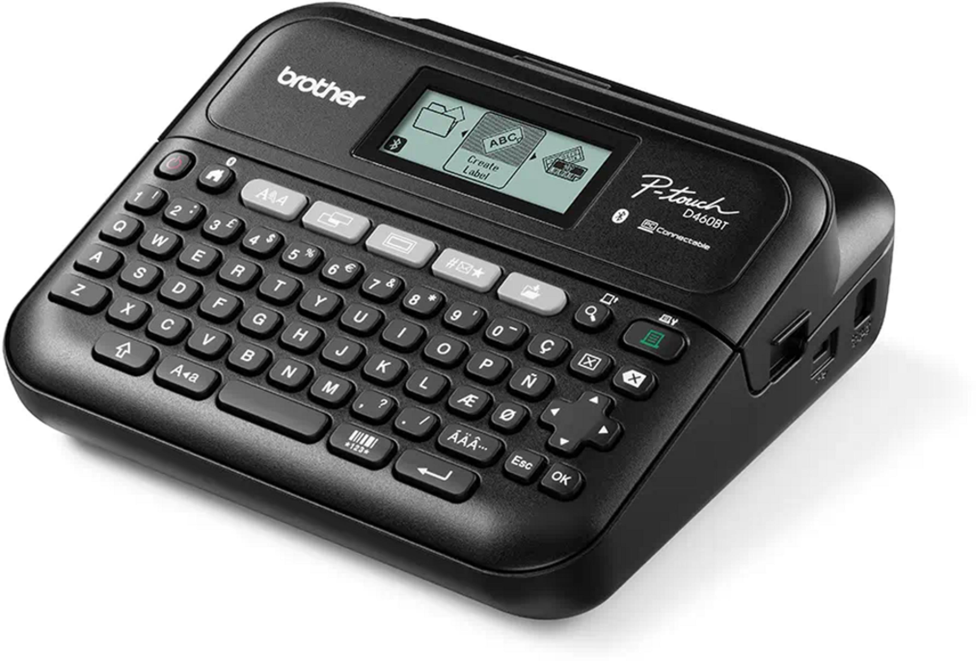 Schwarzer Brother P-Touch D460BT Etikettendrucker mit Tastatur und Display.