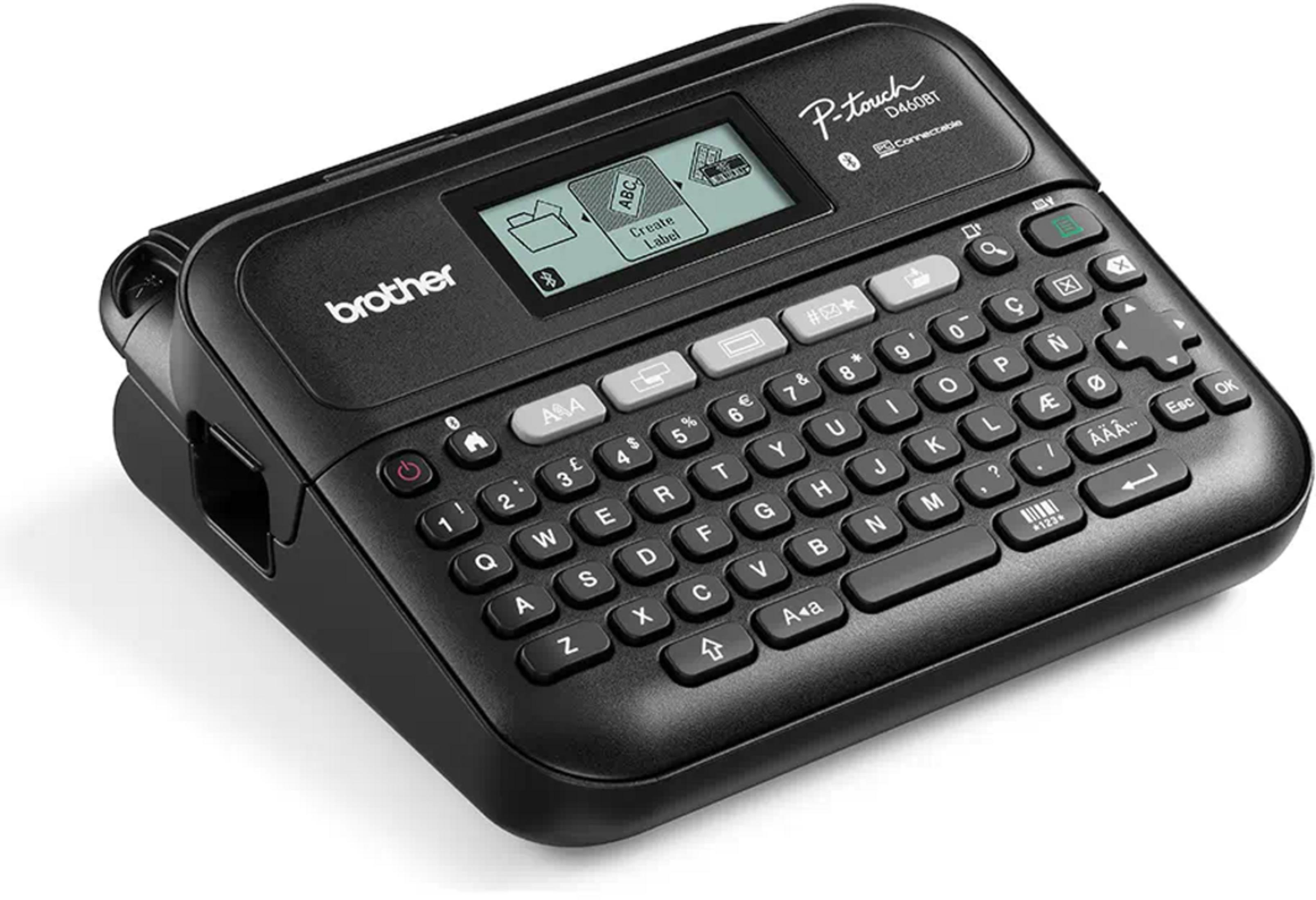 Schwarzer Etikettendrucker mit Tastatur und LCD-Bildschirm. Brother P-touch D460BT.