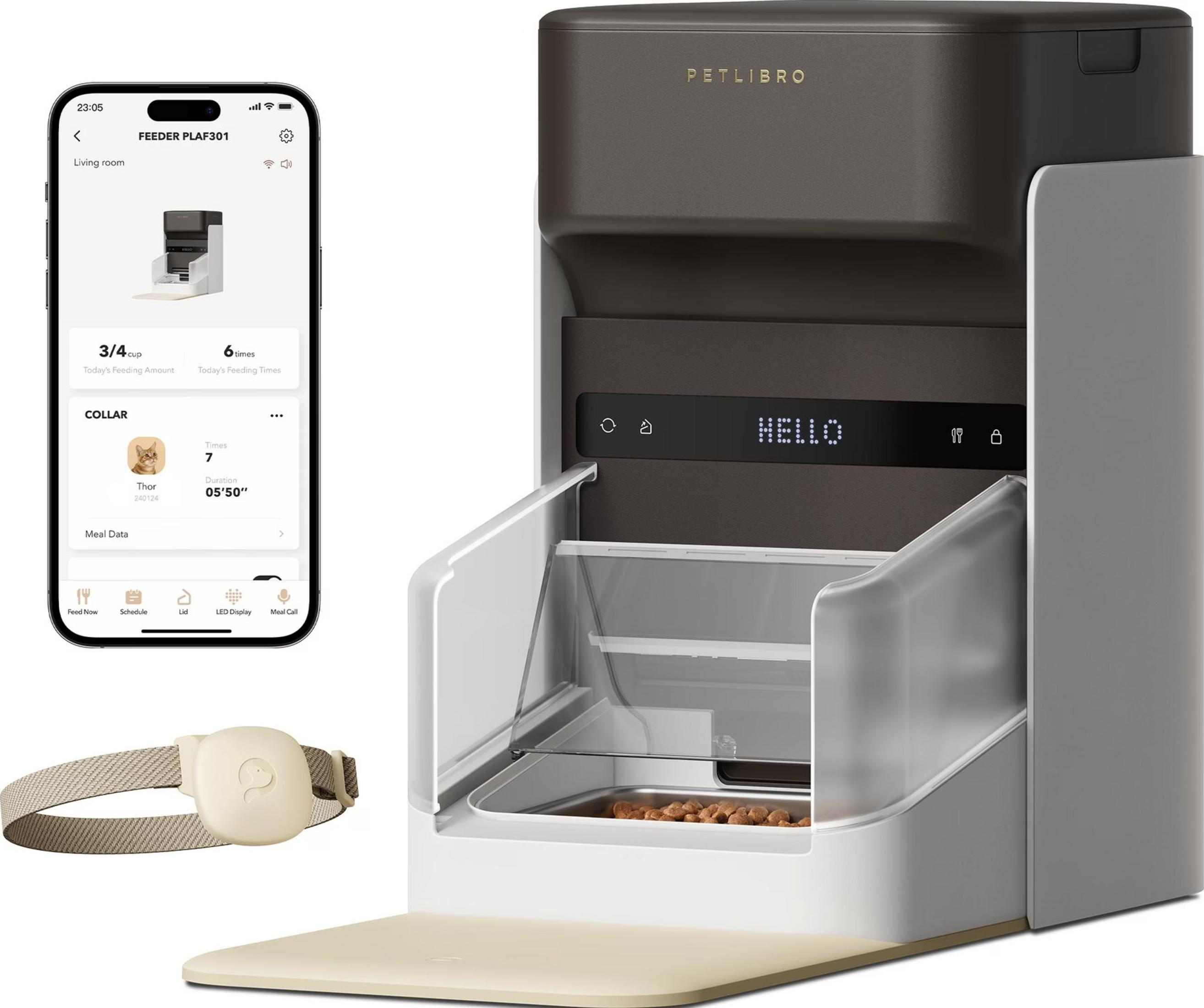 Ein moderner Haustierfutterautomat mit Smartphone-App und Halsband.