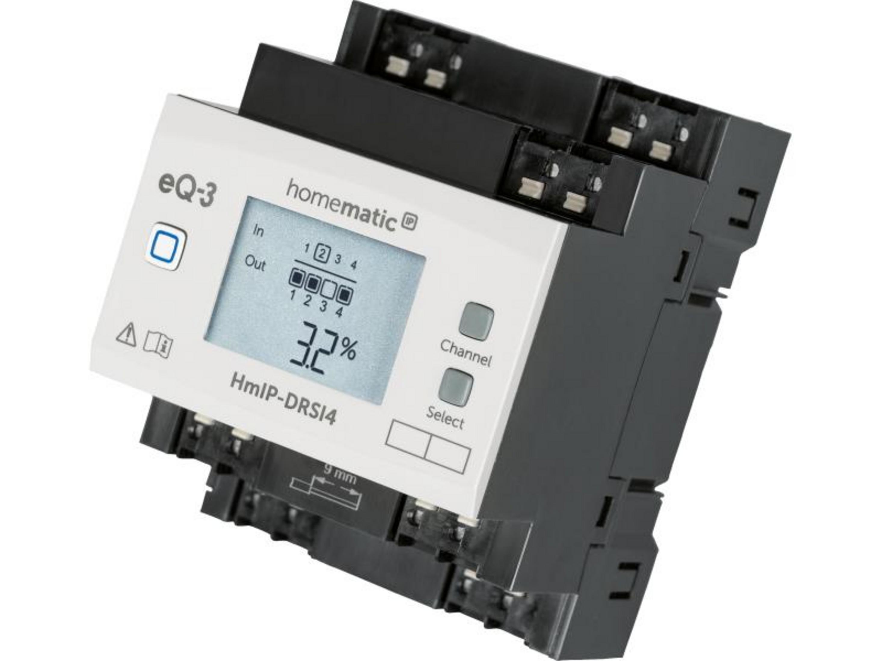 Ein weißes und graues Homematic eQ-3 HmIP-DRSI4 Gerät mit LCD-Display.