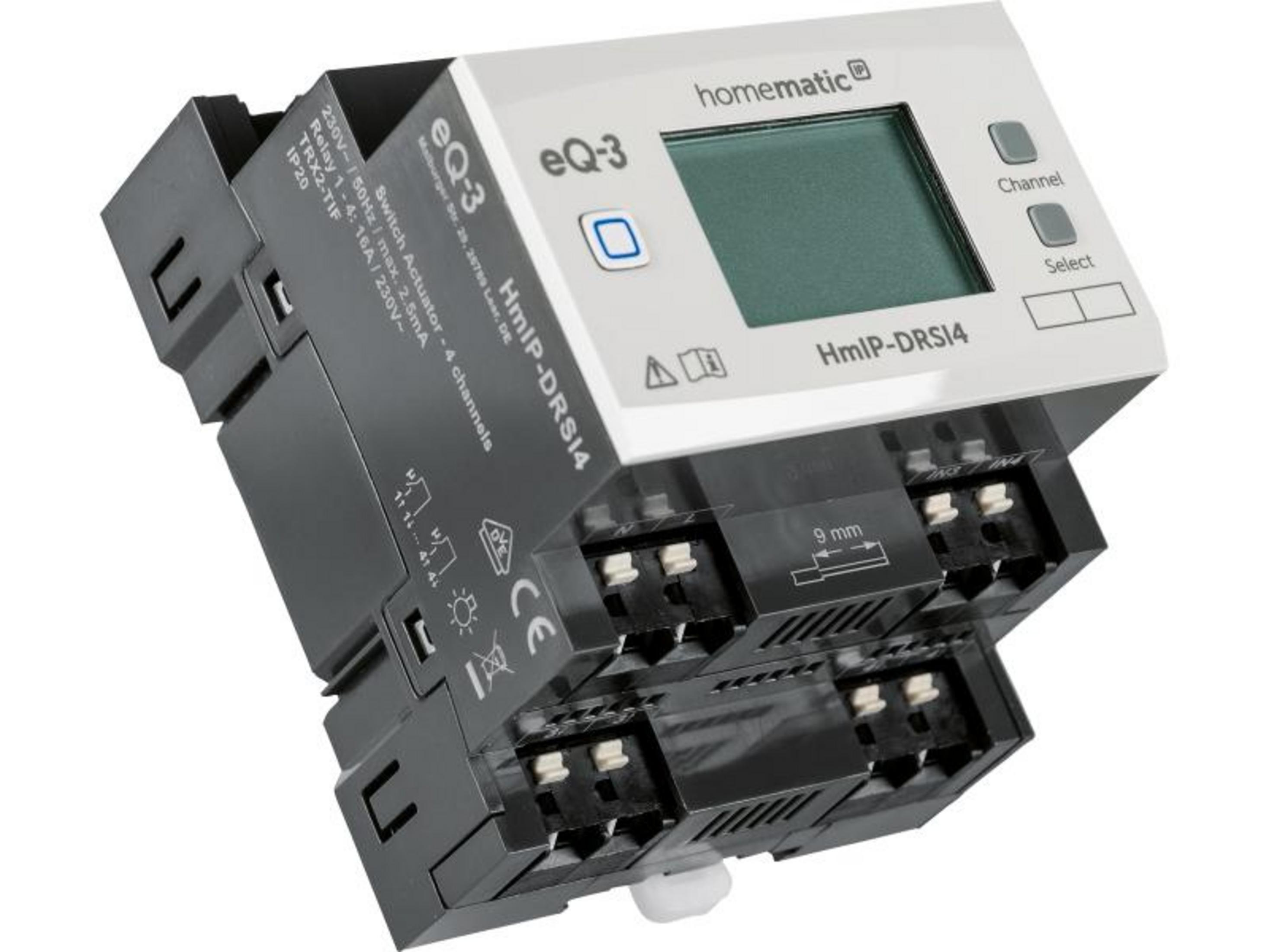 Ein Homematic eQ-3 HmIP-DRSI4 Schaltaktor mit 4 Kanälen und einem LCD-Display.