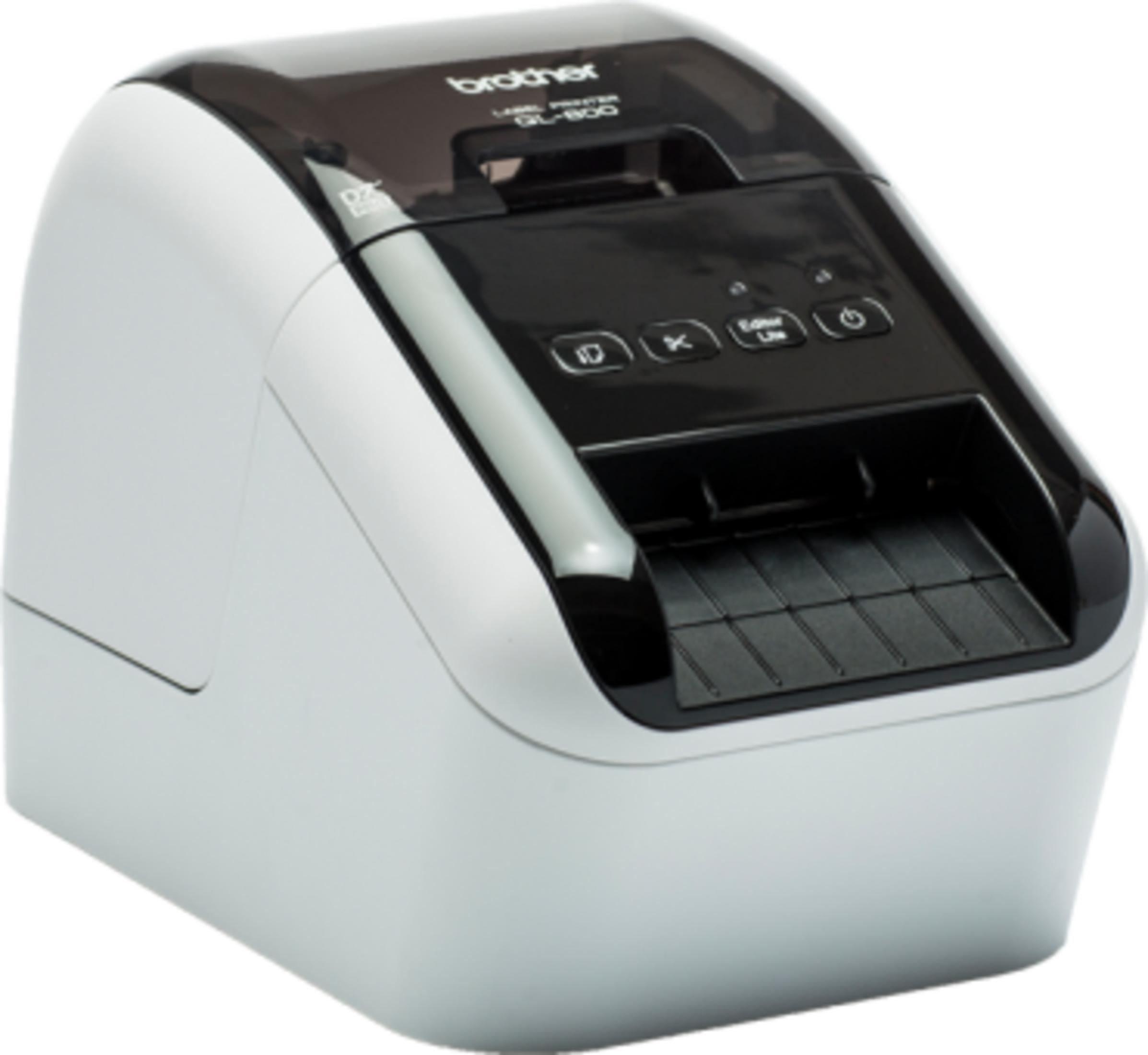 A white and black Brother label printer with control buttons.