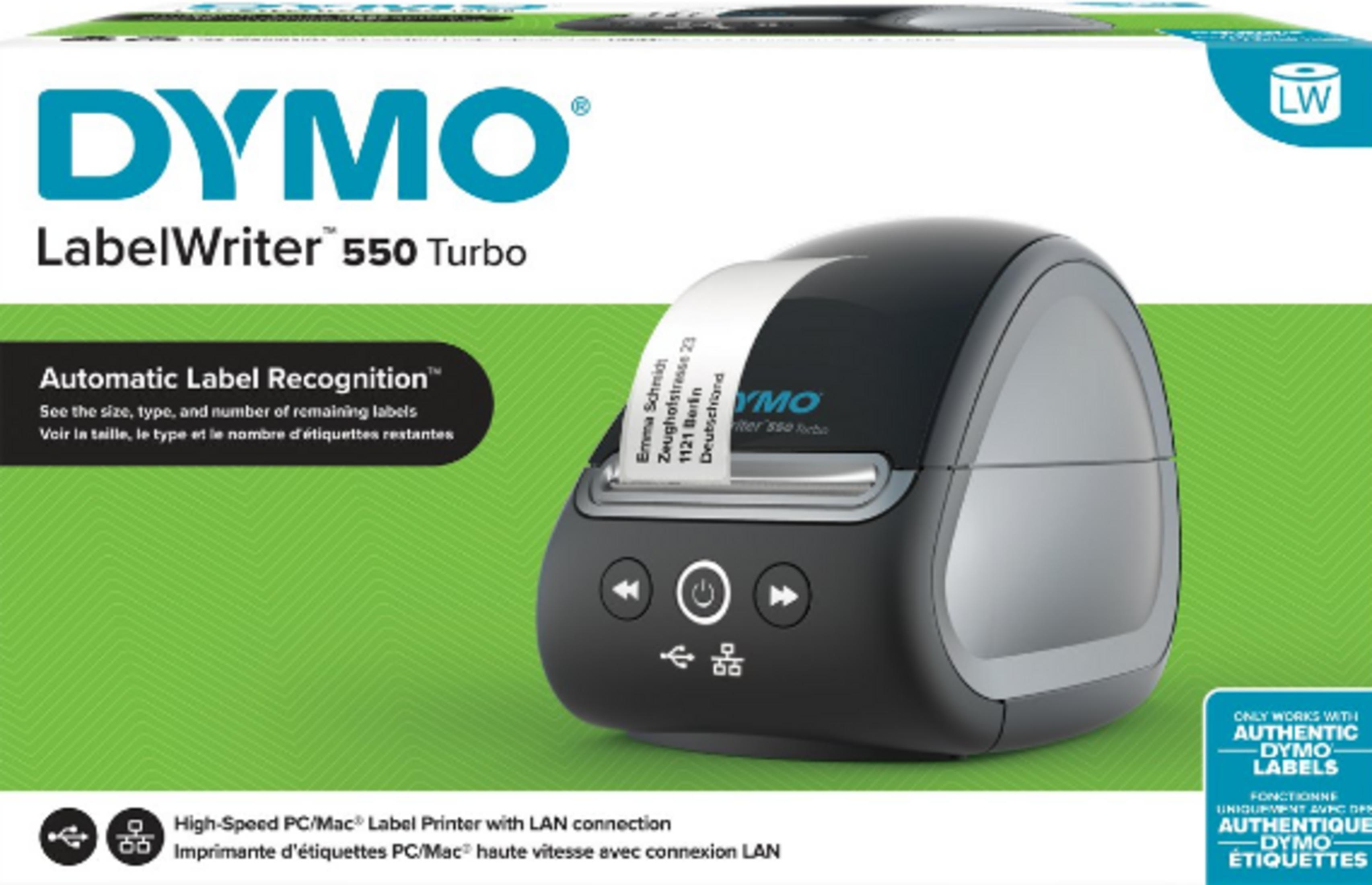 Una stampante DYMO LabelWriter 550 Turbo con connessione LAN su sfondo verde.