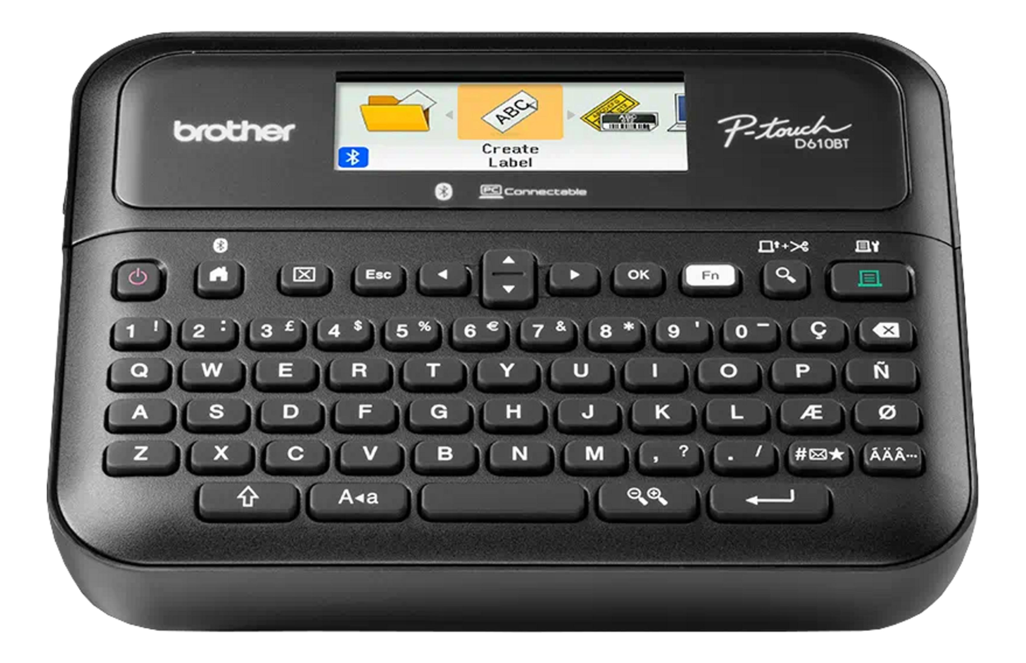 Czarna drukarka etykiet z klawiaturą QWERTZ i małym ekranem LCD.