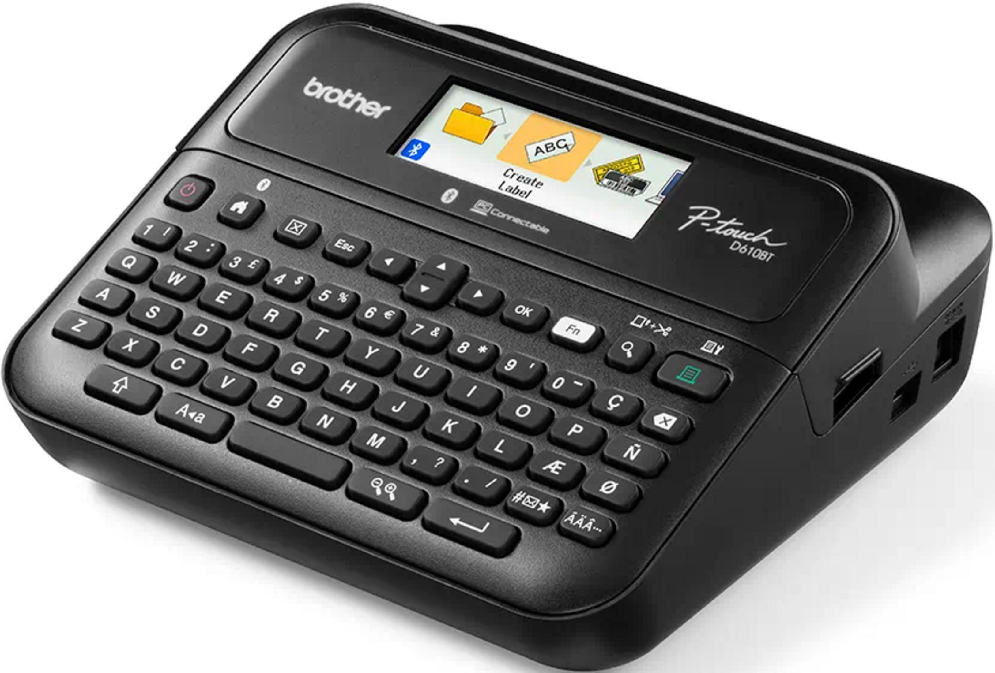 Czarna drukarka etykiet Brother P-Touch D610BT z klawiaturą i ekranem.