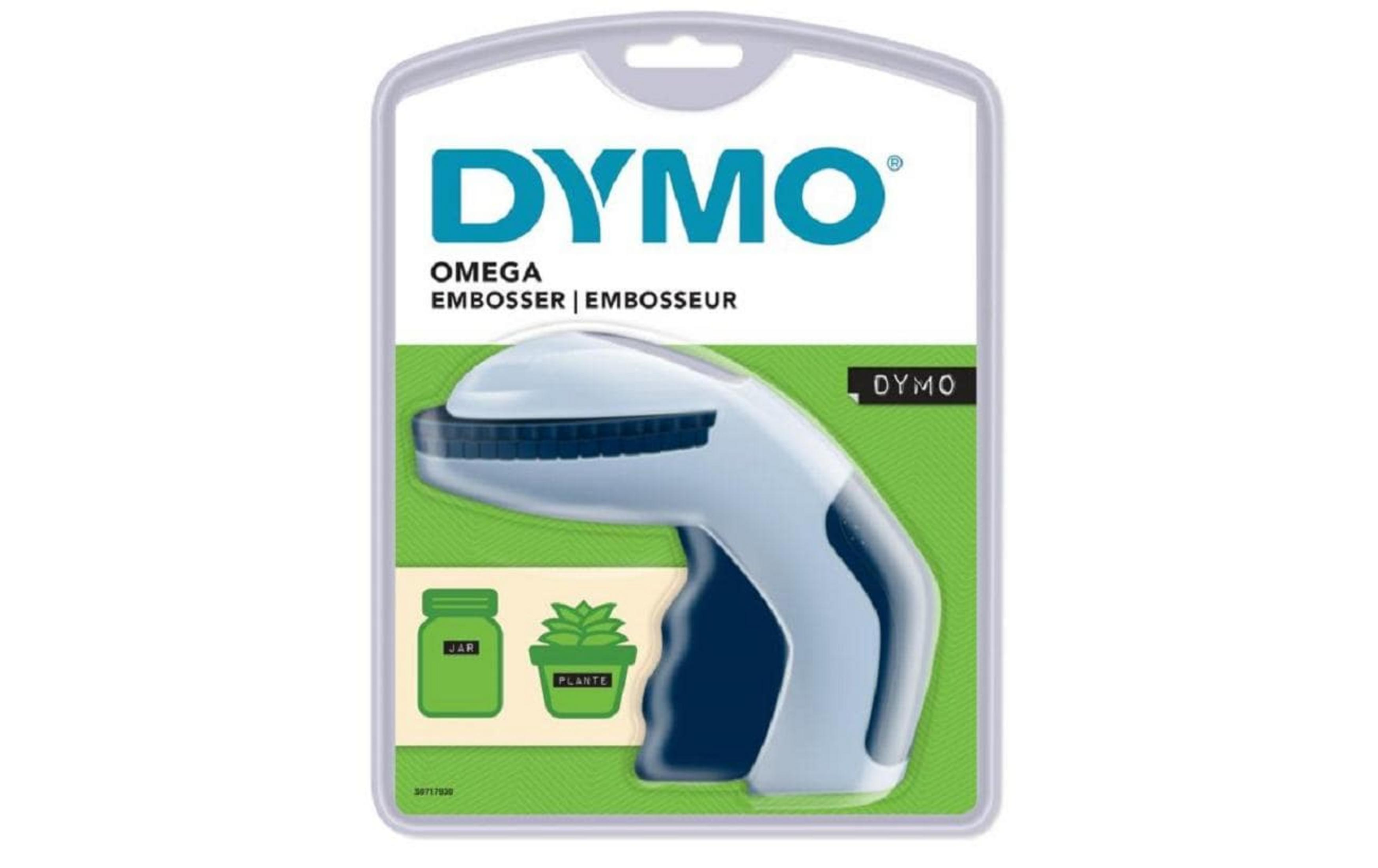 Rilievo Dymo Omega in confezione con immagine di barattolo e pianta.