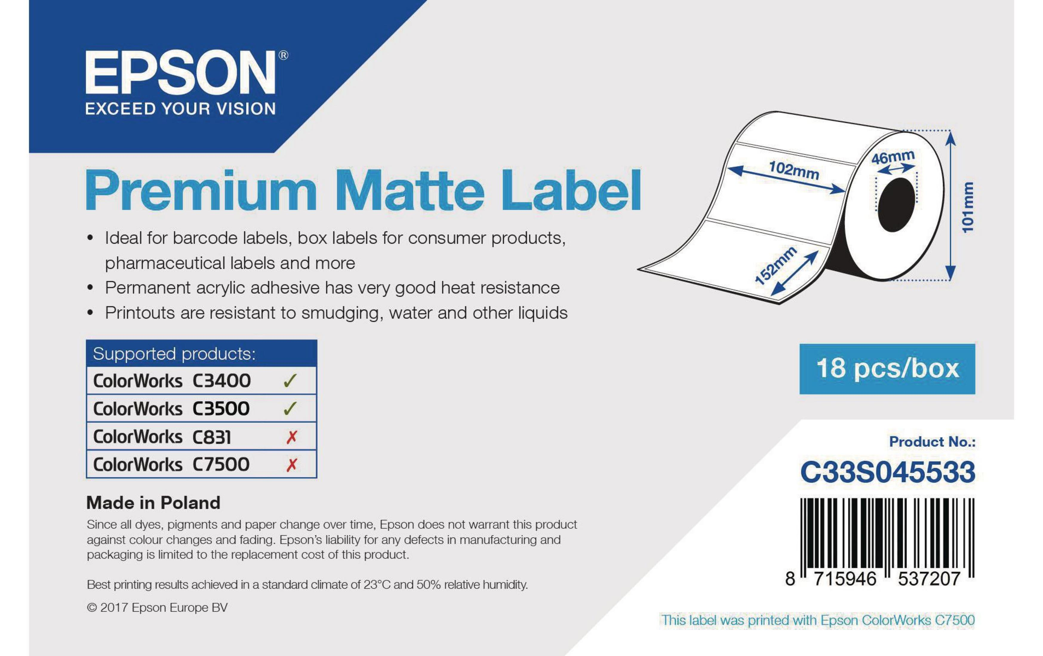 Etichetta Epson Premium Matte: Rotolo 102x152mm, 18 pz/scatola. N. prodotto C33S045533.