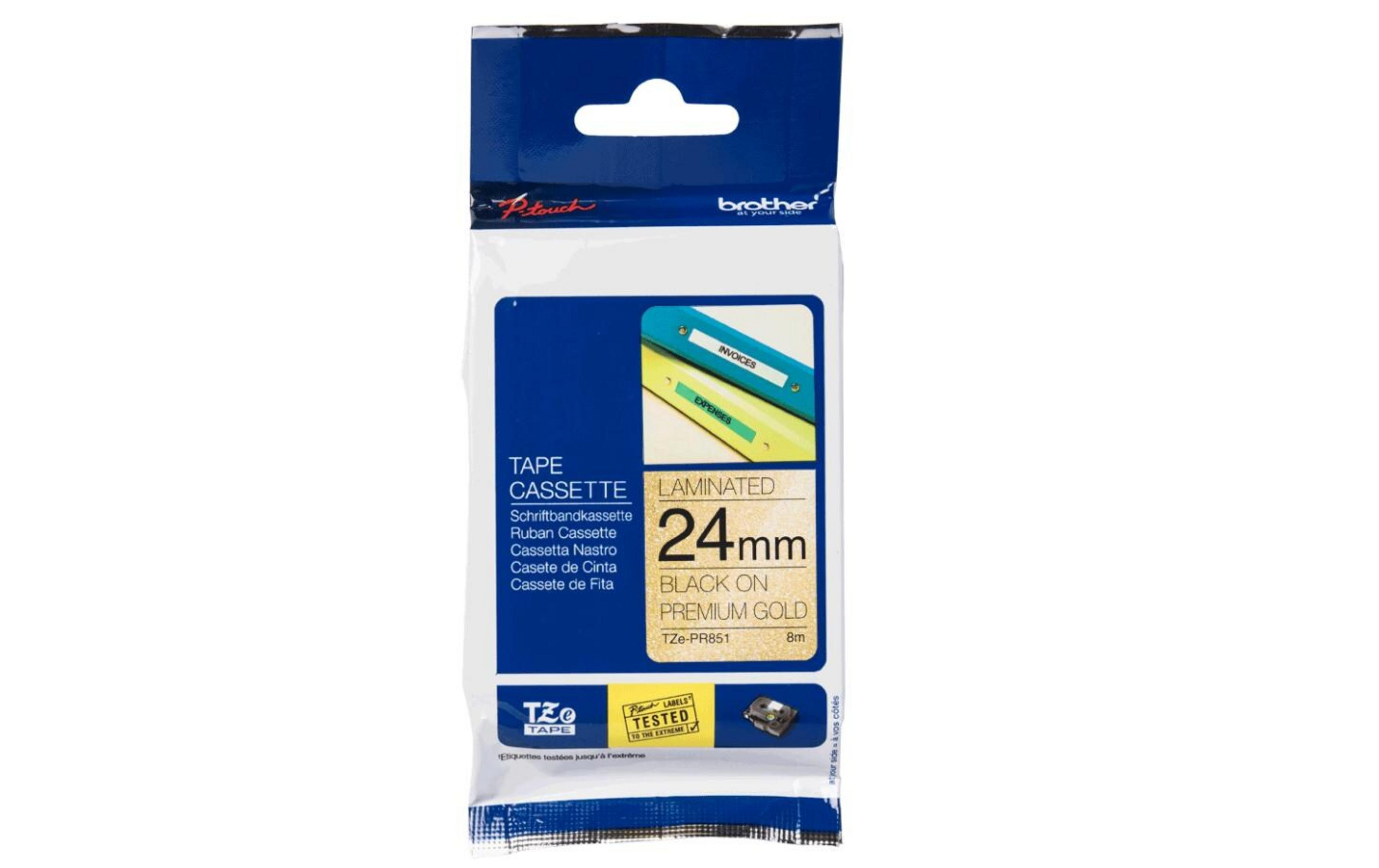 Verpackung für ein Brother TZe-PR851 Band: 24mm, Schwarz auf Gold.