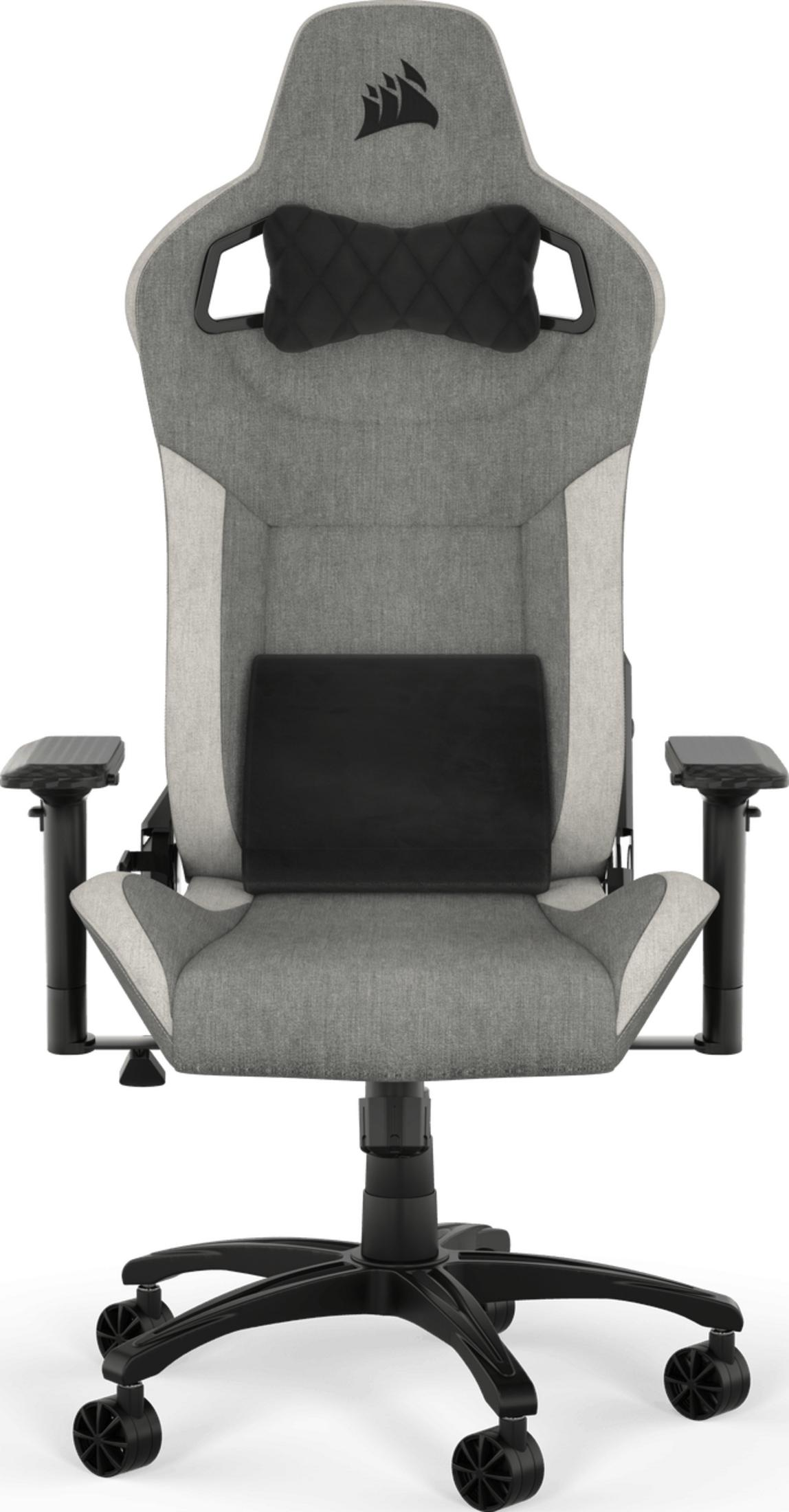 Grauer Gaming-Stuhl mit schwarzen Akzenten und Kissen.