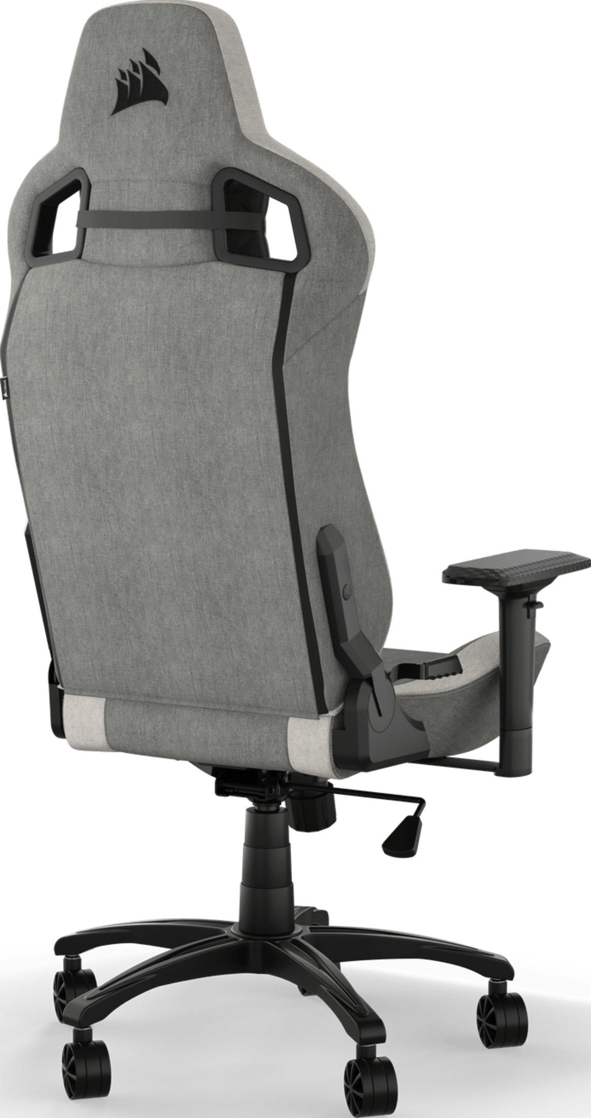 Grauer Gaming-Stuhl mit schwarzer Basis und Armlehne, mit Logo.