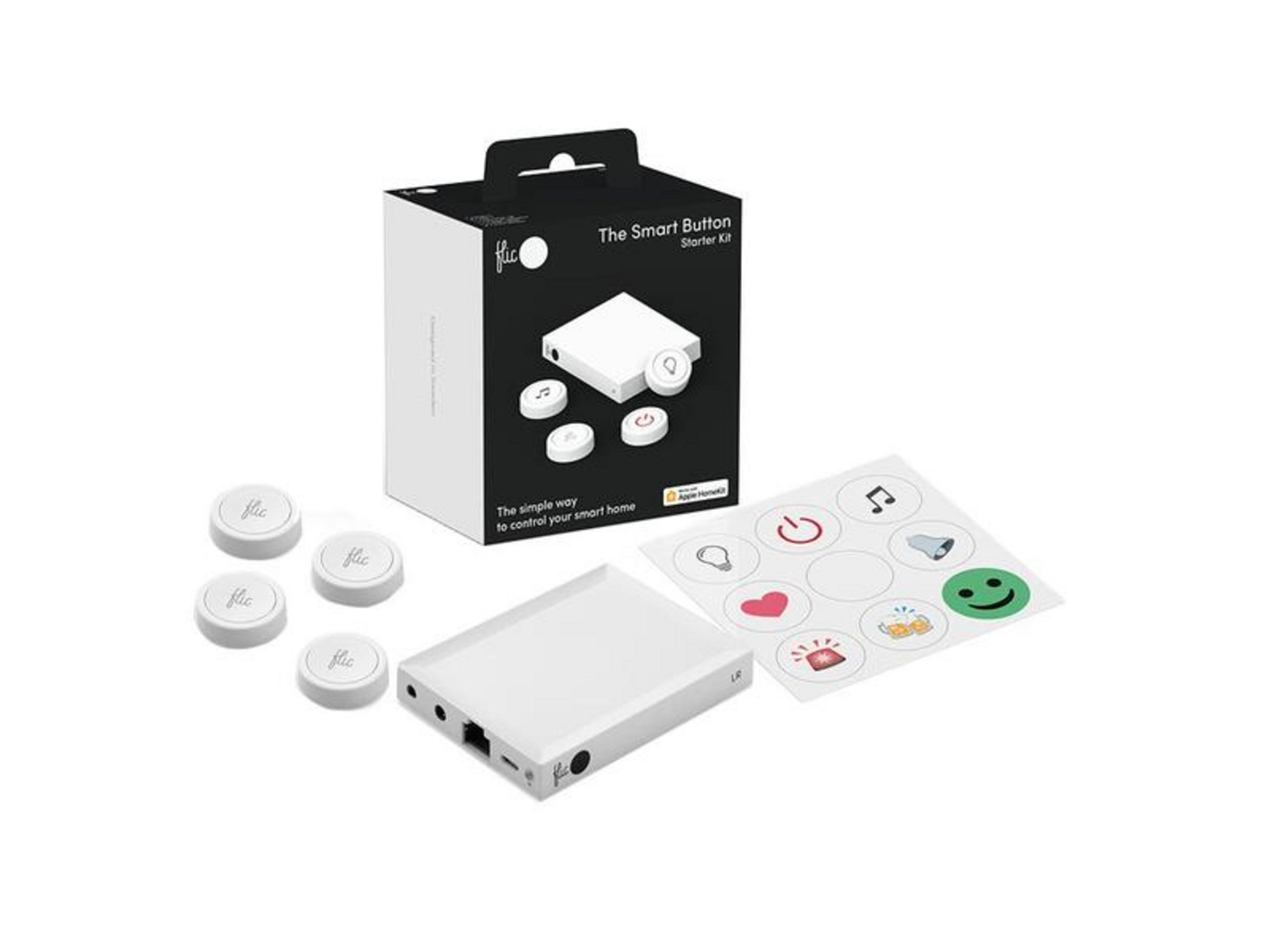 Ein weißes Smart-Button-Starterkit mit Box, Hub und Aufklebern.