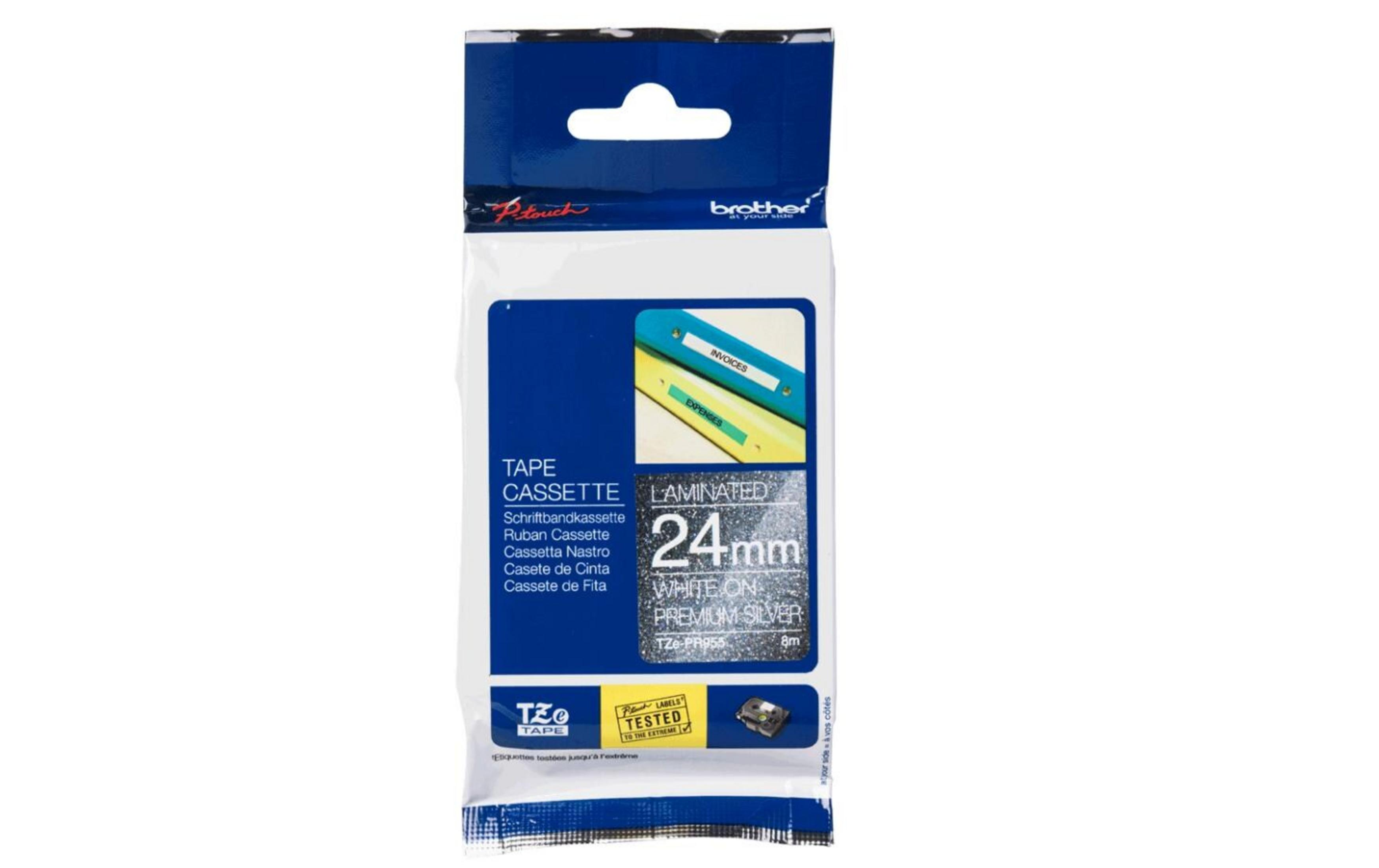 Verpackung für Brother TZE-PR955, 24mm weiß auf Premium Silber Klebeband.