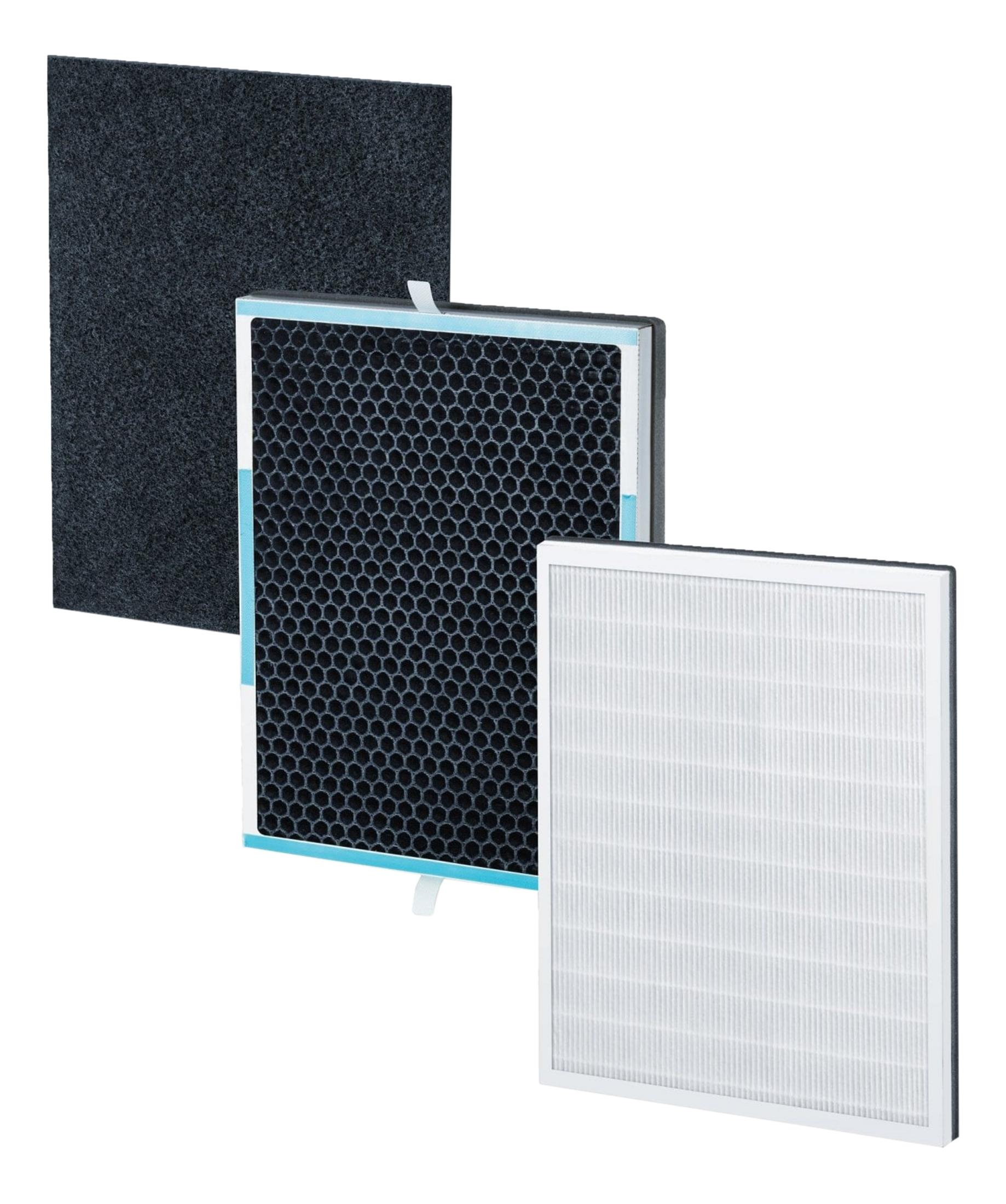 Tre filtri dell'aria: un filtro a carboni attivi nero, un filtro a nido d'ape e un filtro HEPA bianco.