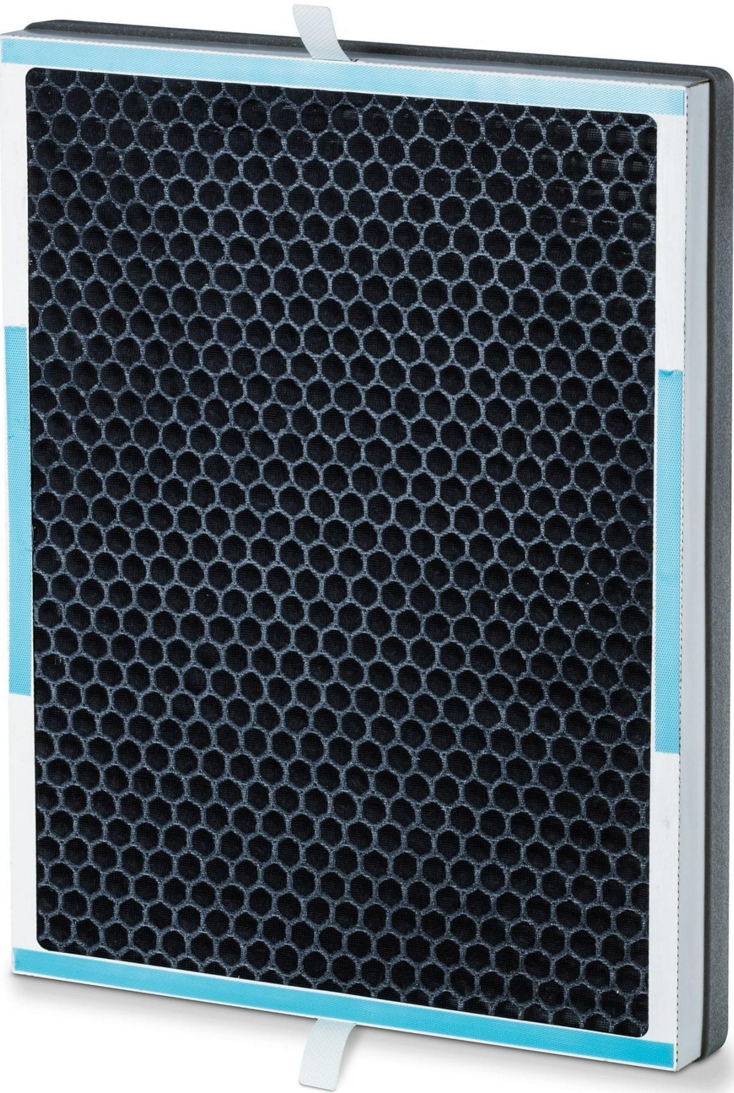 Un filtro a carboni attivi con struttura a nido d'ape. Bordi bianchi e blu.