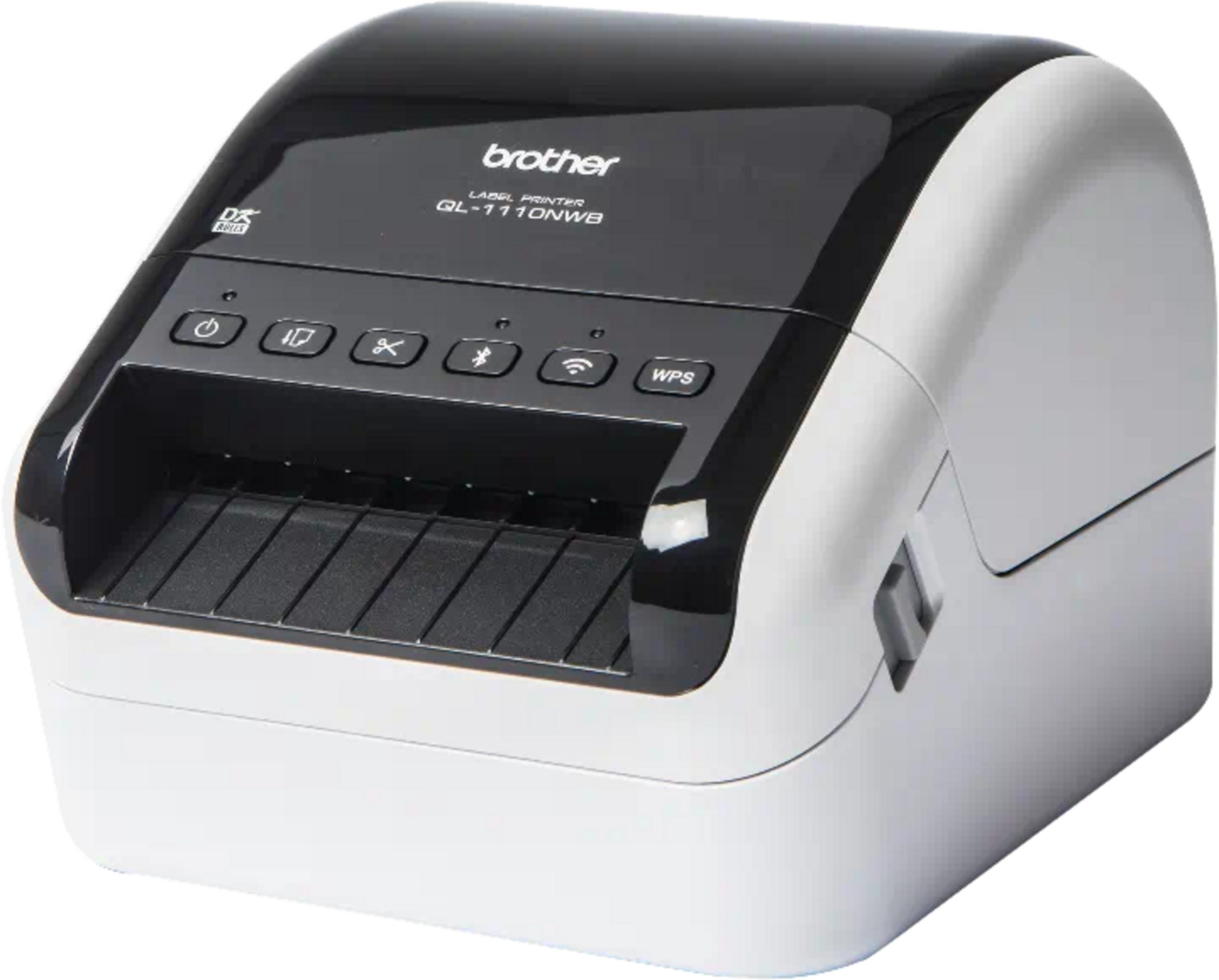 A black and white Brother label printer with control buttons.