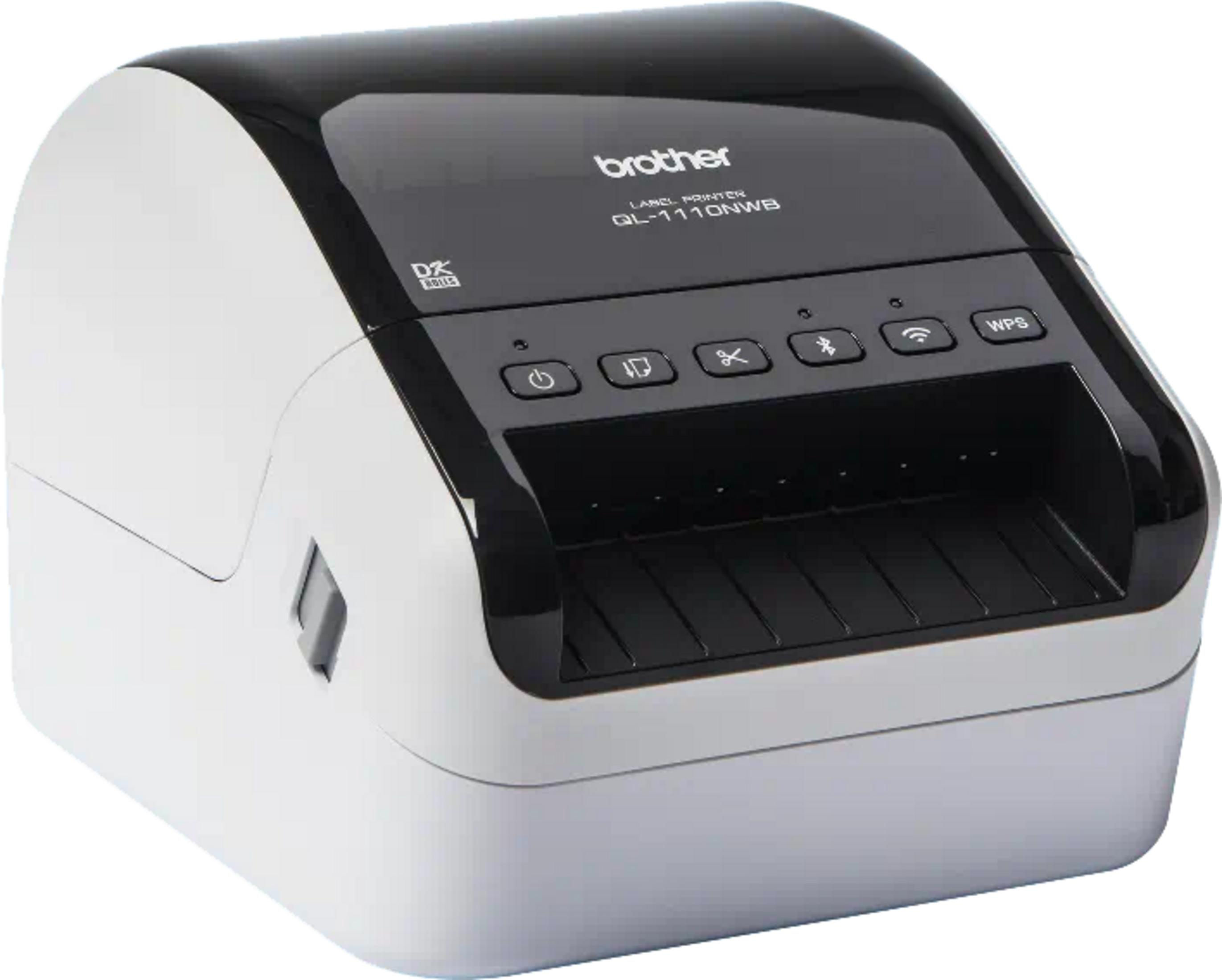 A white and black Brother label printer with buttons on top.
