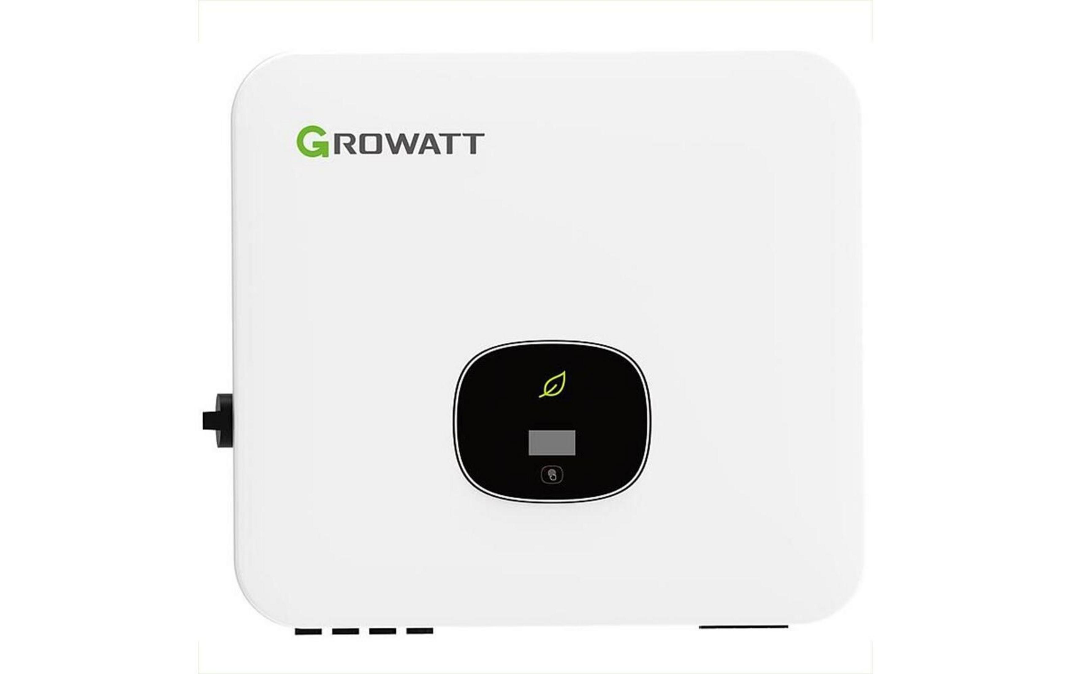 Ein weißes Growatt-Gerät mit einem schwarzen Display und einem grünen Blatt-Symbol.