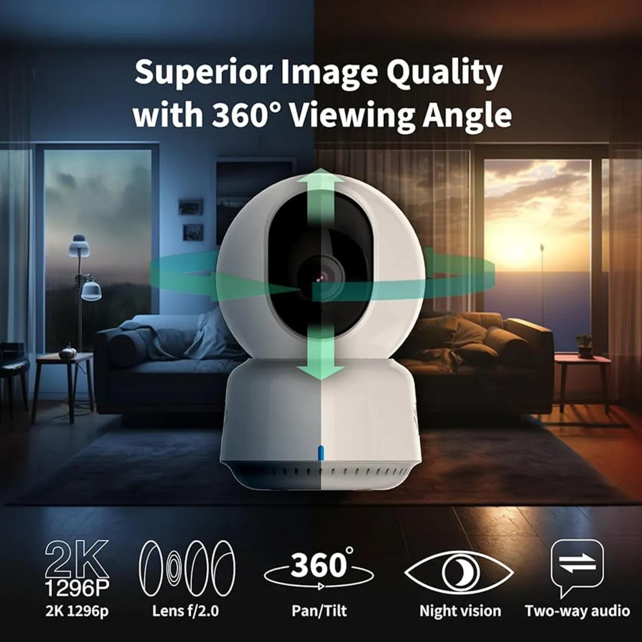 Kamera bezpieczeństwa z widokiem 360°, rozdzielczością 2K i noktowizorem.