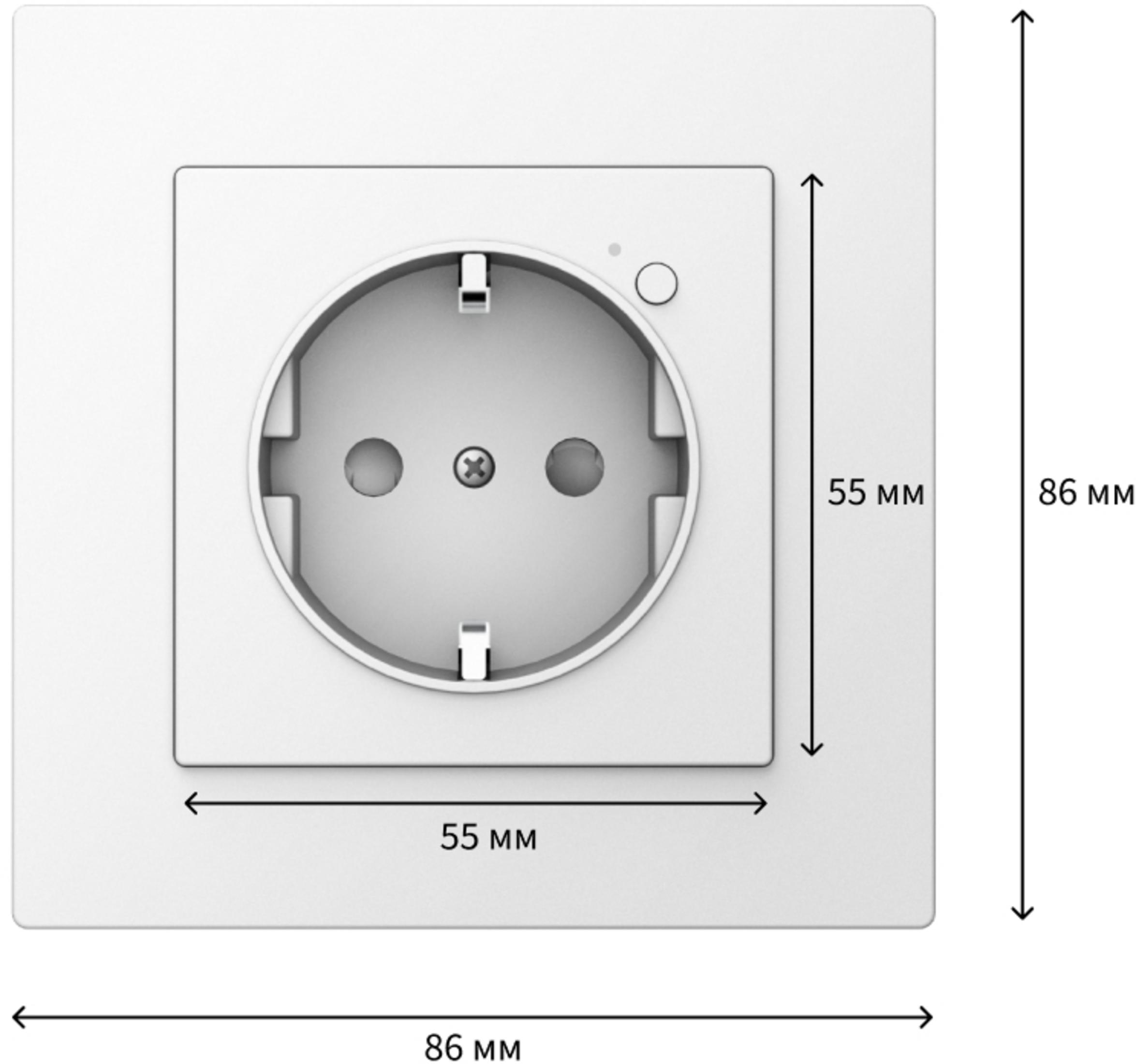 Weiße Steckdose mit Maßen 86x86mm und 55x55mm.