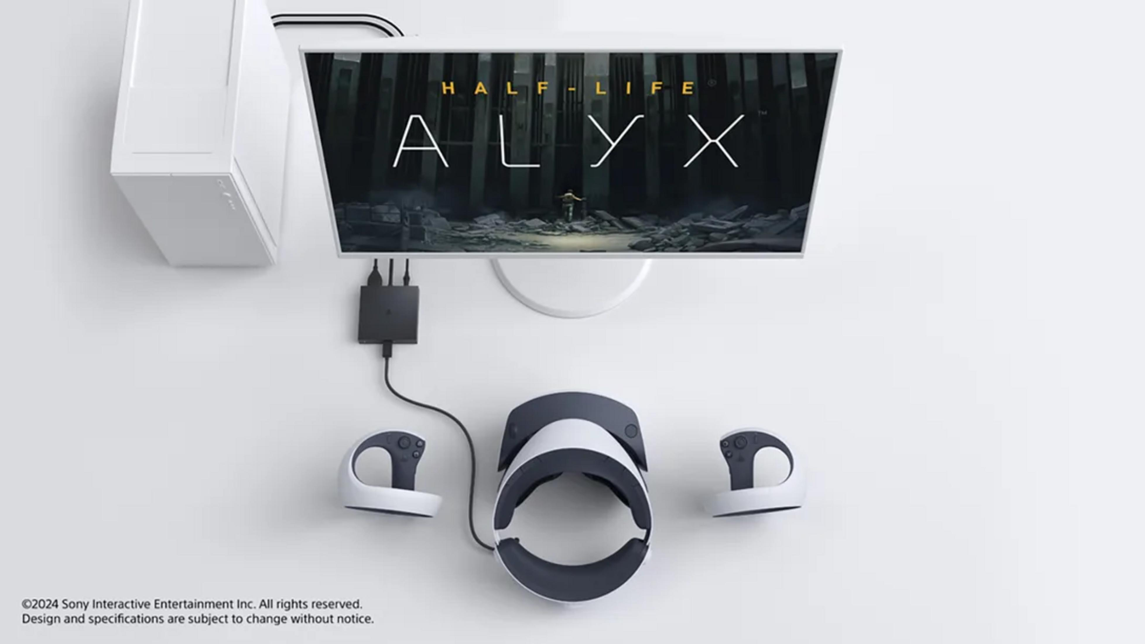 Un visore VR, controller e una console bianca con uno schermo che mostra Half-Life: Alyx.