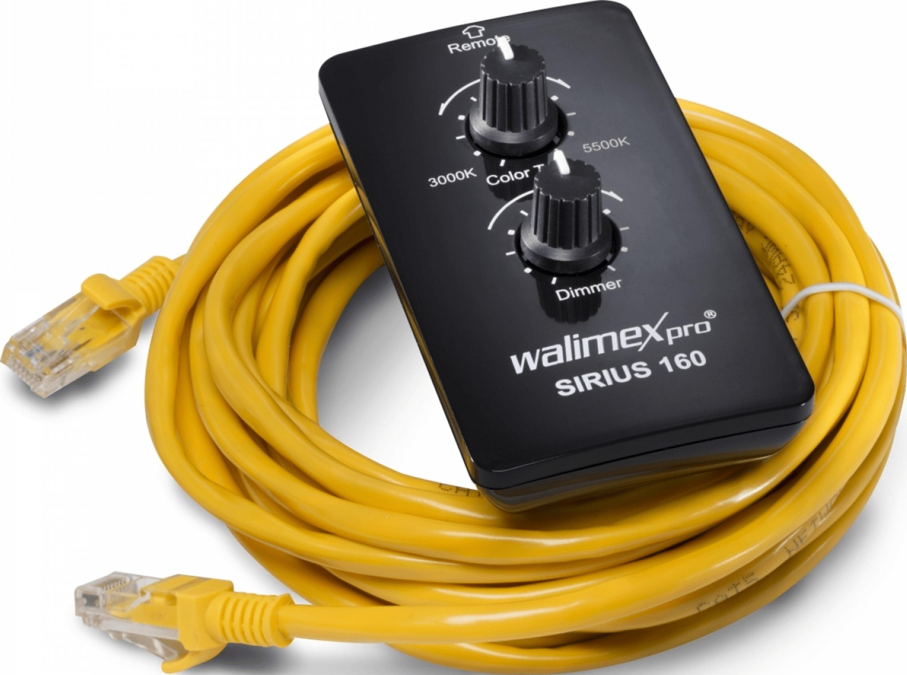Ein schwarzer Walimexpro SIRIUS 160 Fernbedienungskasten mit zwei Drehknöpfen liegt auf einem aufgewickelten gelben Kabel.