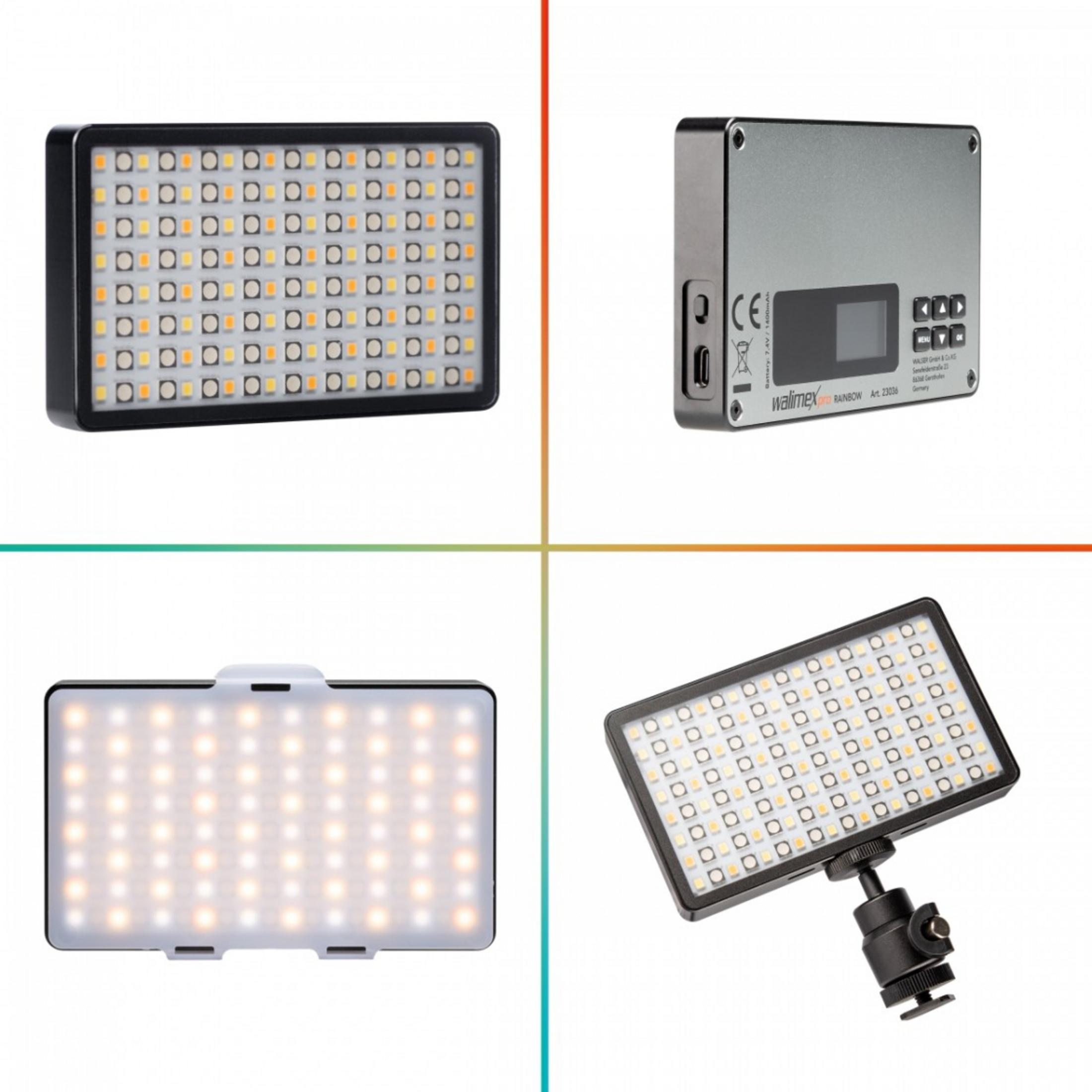 Eine Collage aus vier Bildern, die verschiedene Ansichten einer rechteckigen LED-Lichtplatte mit kühlen und warmweißen Lichtern zeigt.
