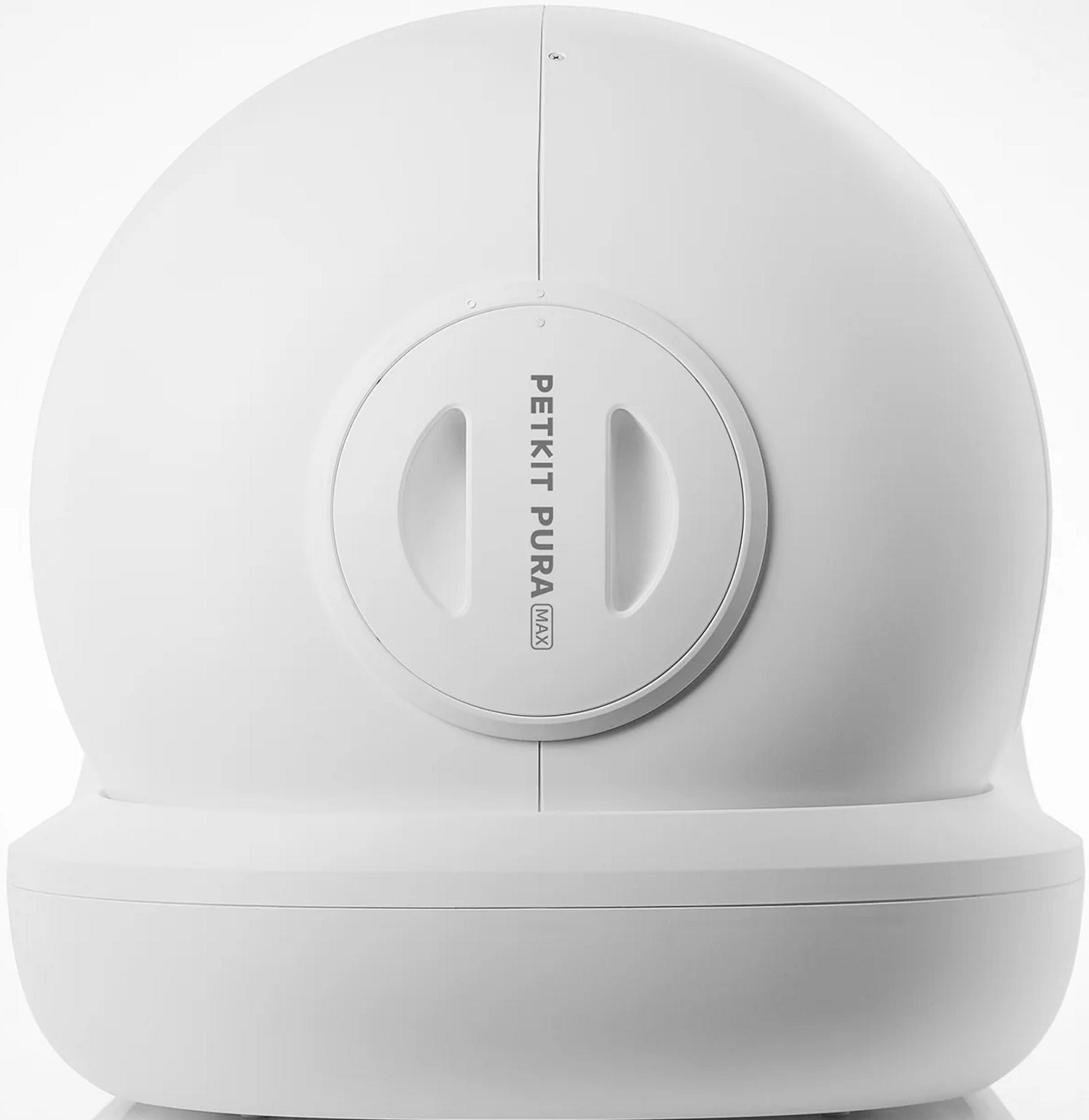 Una lettiera automatica bianca e sferica chiamata PETKIT PURA MAX.