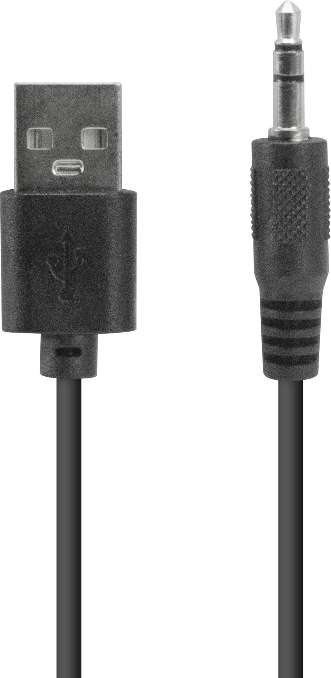 Un connettore USB nero e un connettore jack audio da 3,5 mm con cavi.