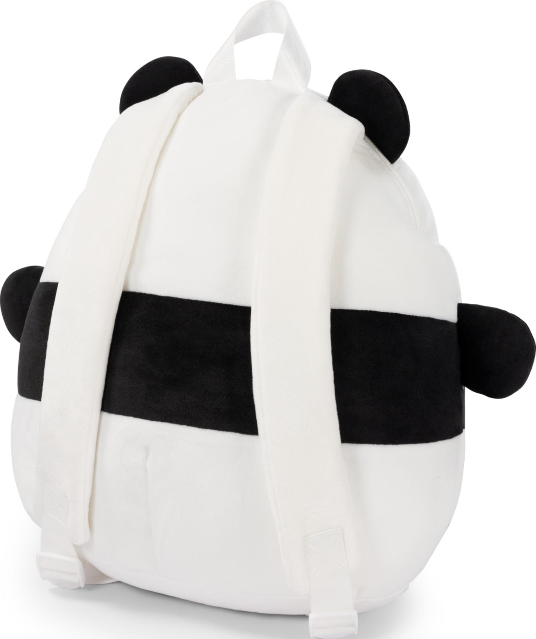 Ein weißer Rucksack mit schwarzen Panda-Ohren, Augen und Streifen.
