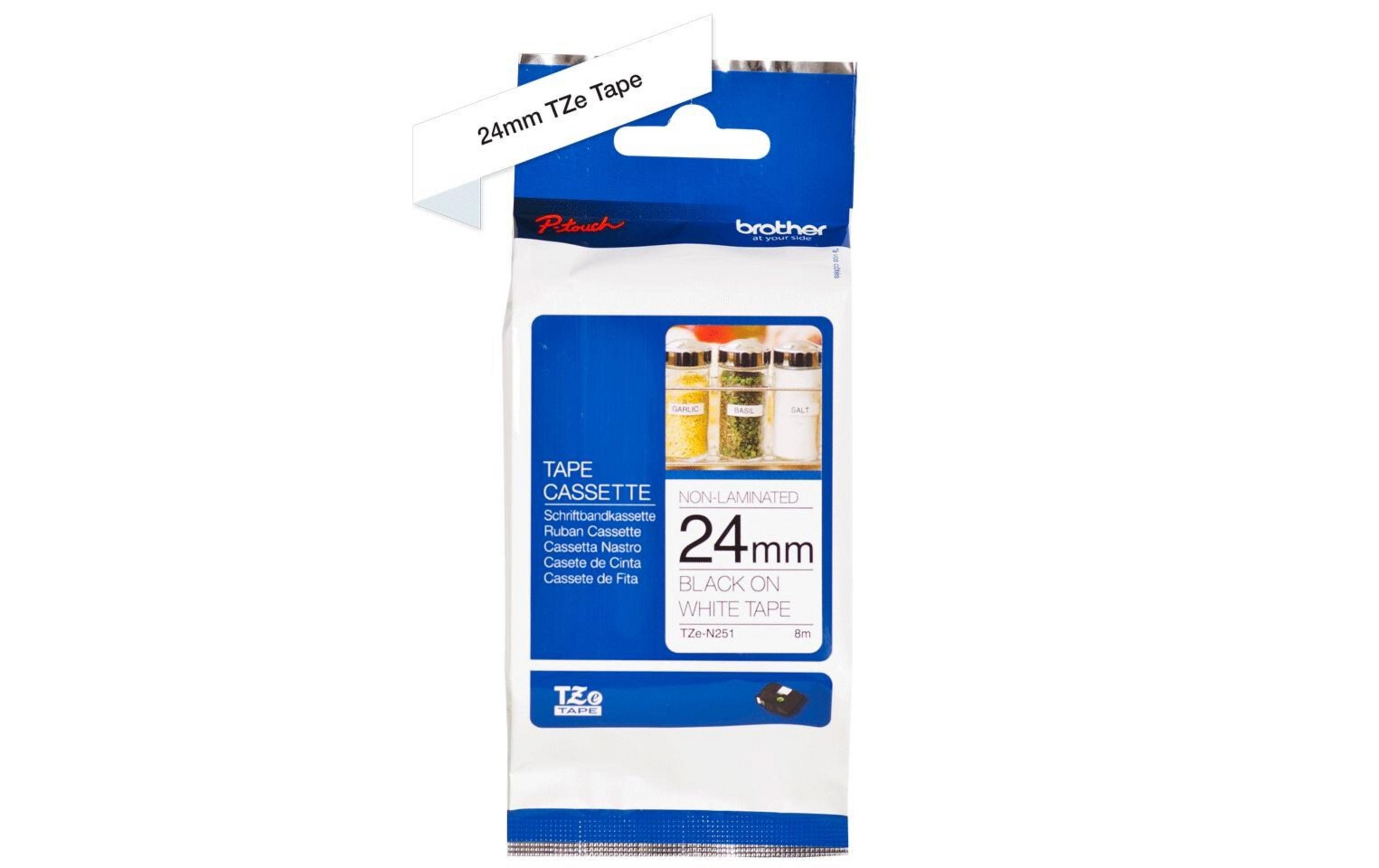 Verpackung für Brother TZe-N251 24mm Schwarz auf Weiß Band.