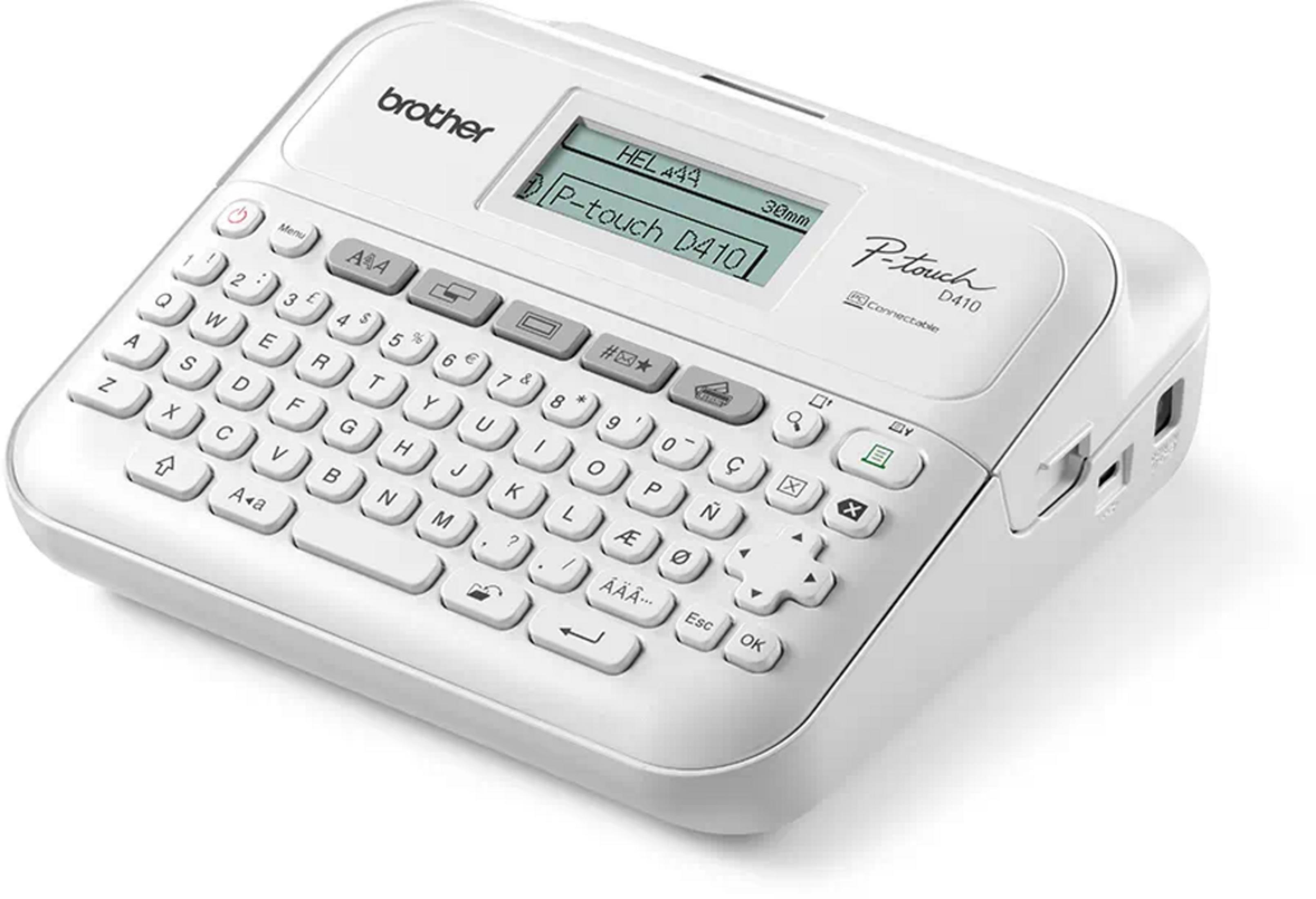 Una etichettatrice Brother P-touch D410 bianca con tastiera e schermo LCD.