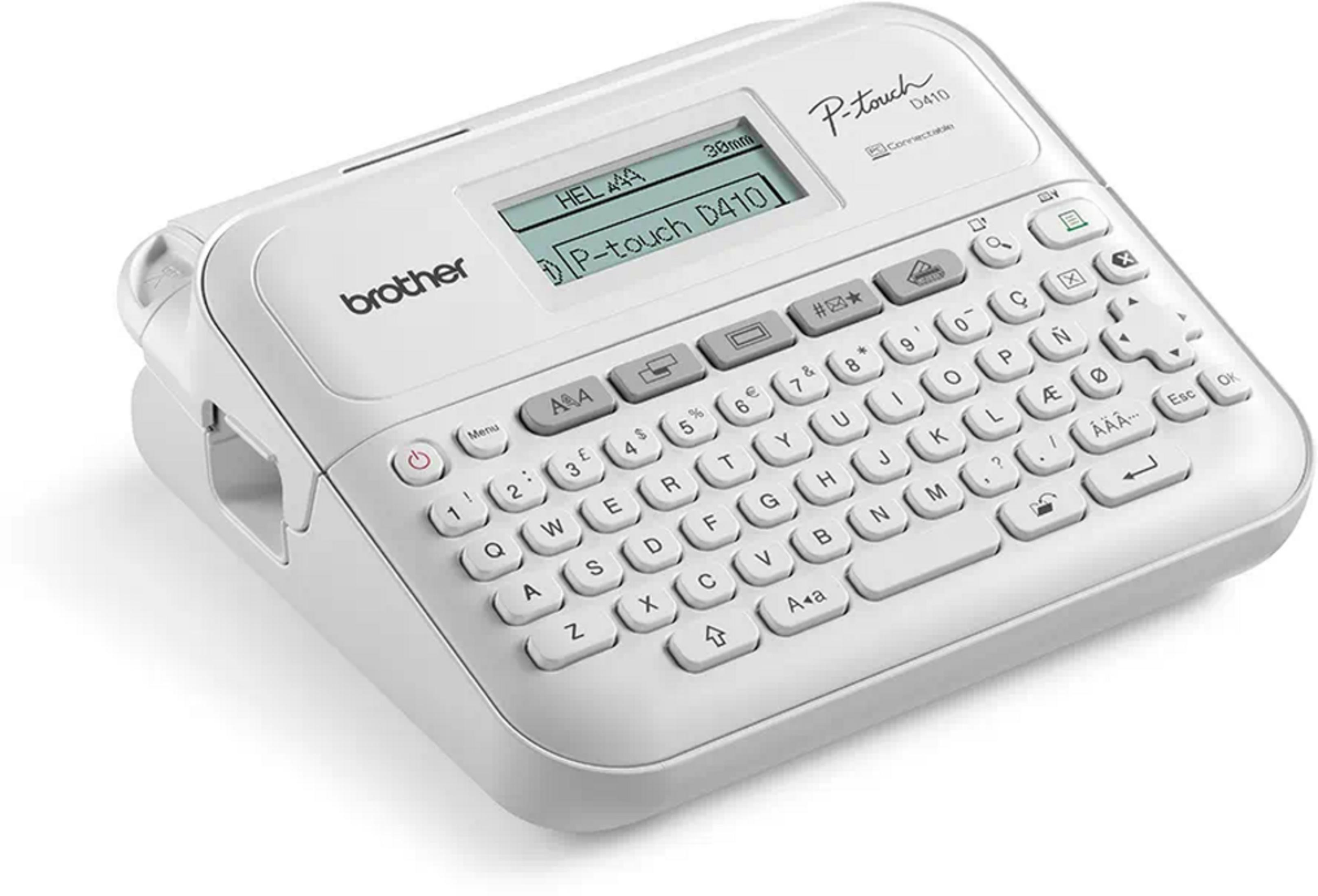Etichettatrice bianca Brother P-touch D410 con tastiera e schermo LCD.