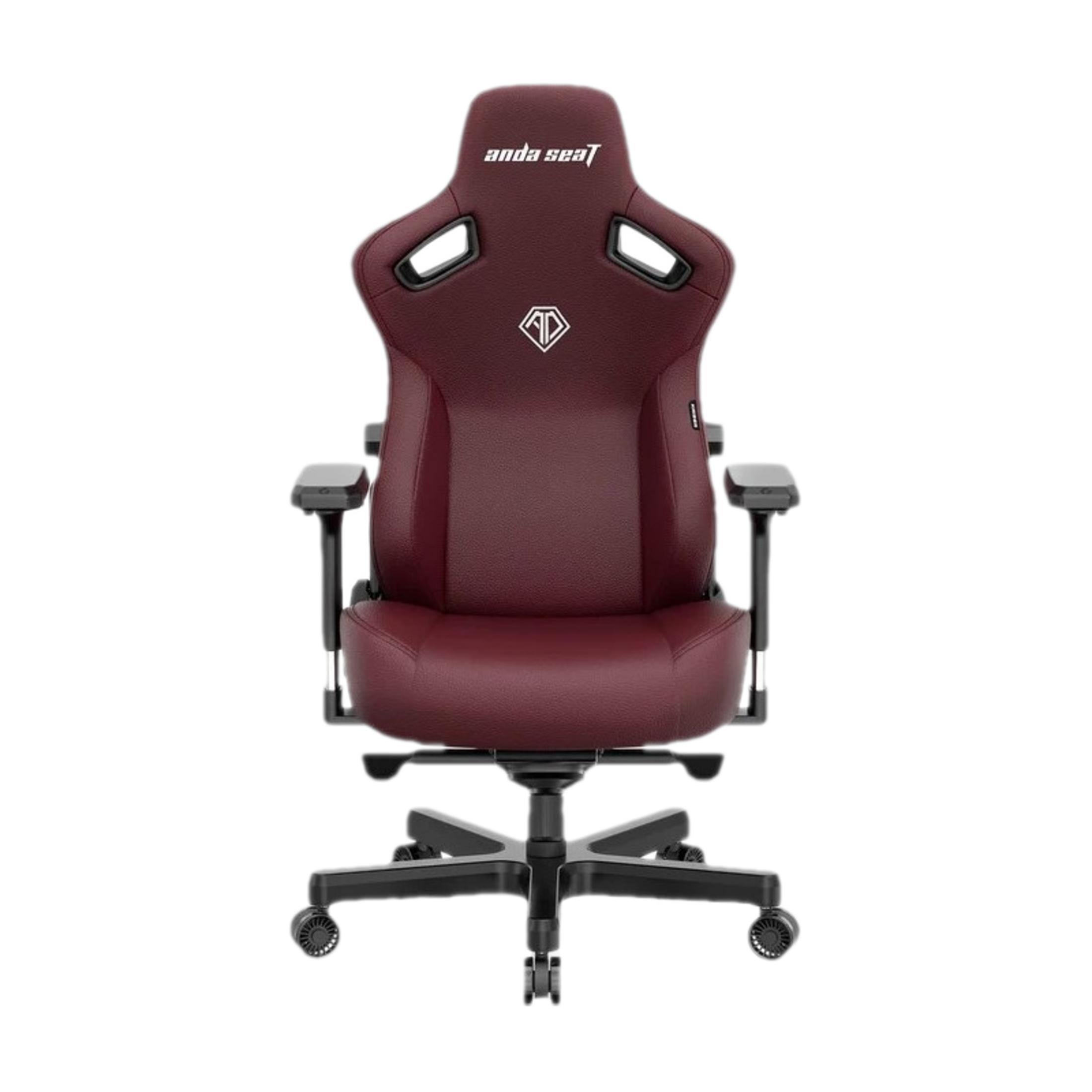 Ein burgunderroter Gaming-Stuhl mit verstellbaren Armlehnen und einer Lordosenstütze.