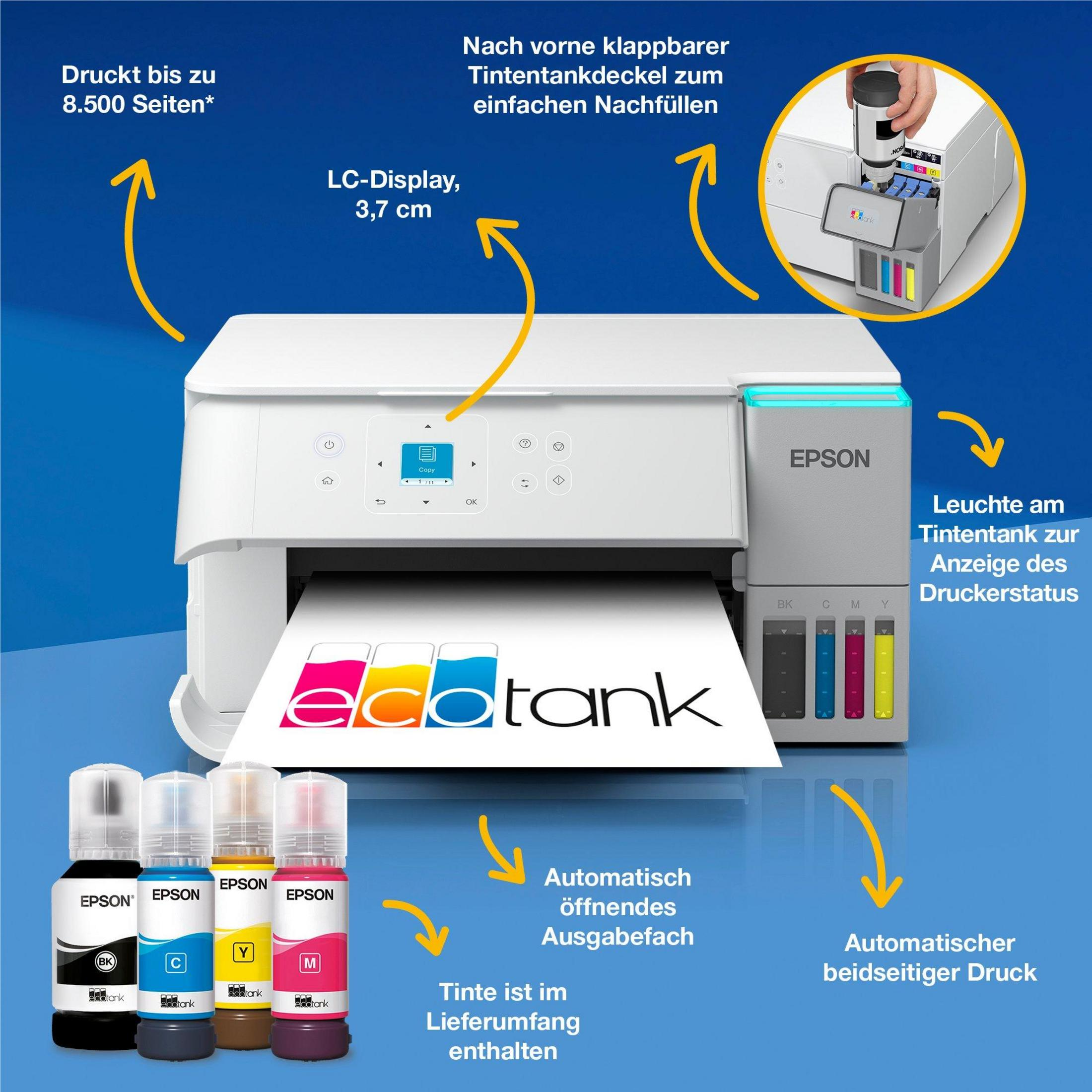 Epson EcoTank printer with ink bottles, LC display, and features like automatic duplex printing.