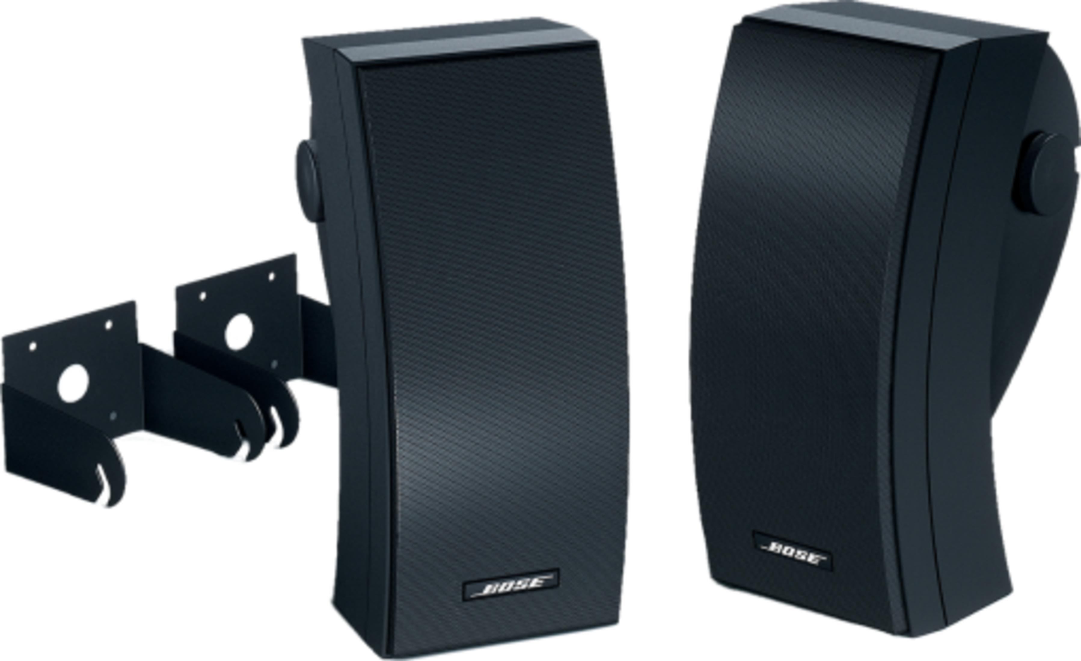 Dos altavoces Bose negros con soportes de pared sobre fondo blanco.