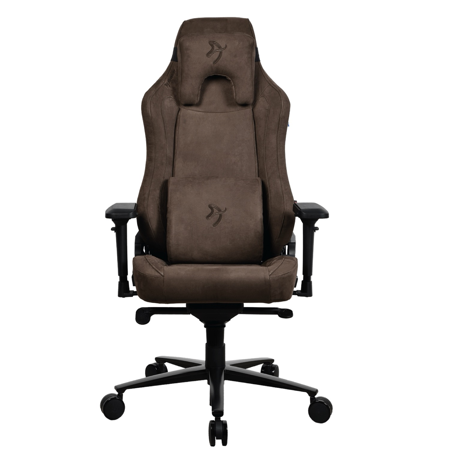Ein brauner Gaming-Stuhl mit Kopf- und Lendenkissen, auf einem schwarzen Fünfsternfuß mit Rollen.