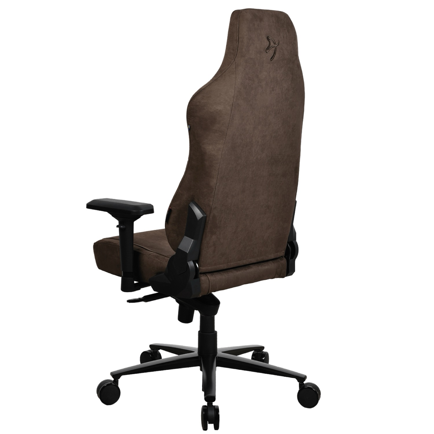 Ein brauner Gaming-Stuhl mit schwarzer Basis und Armlehnen, von hinten gezeigt.
