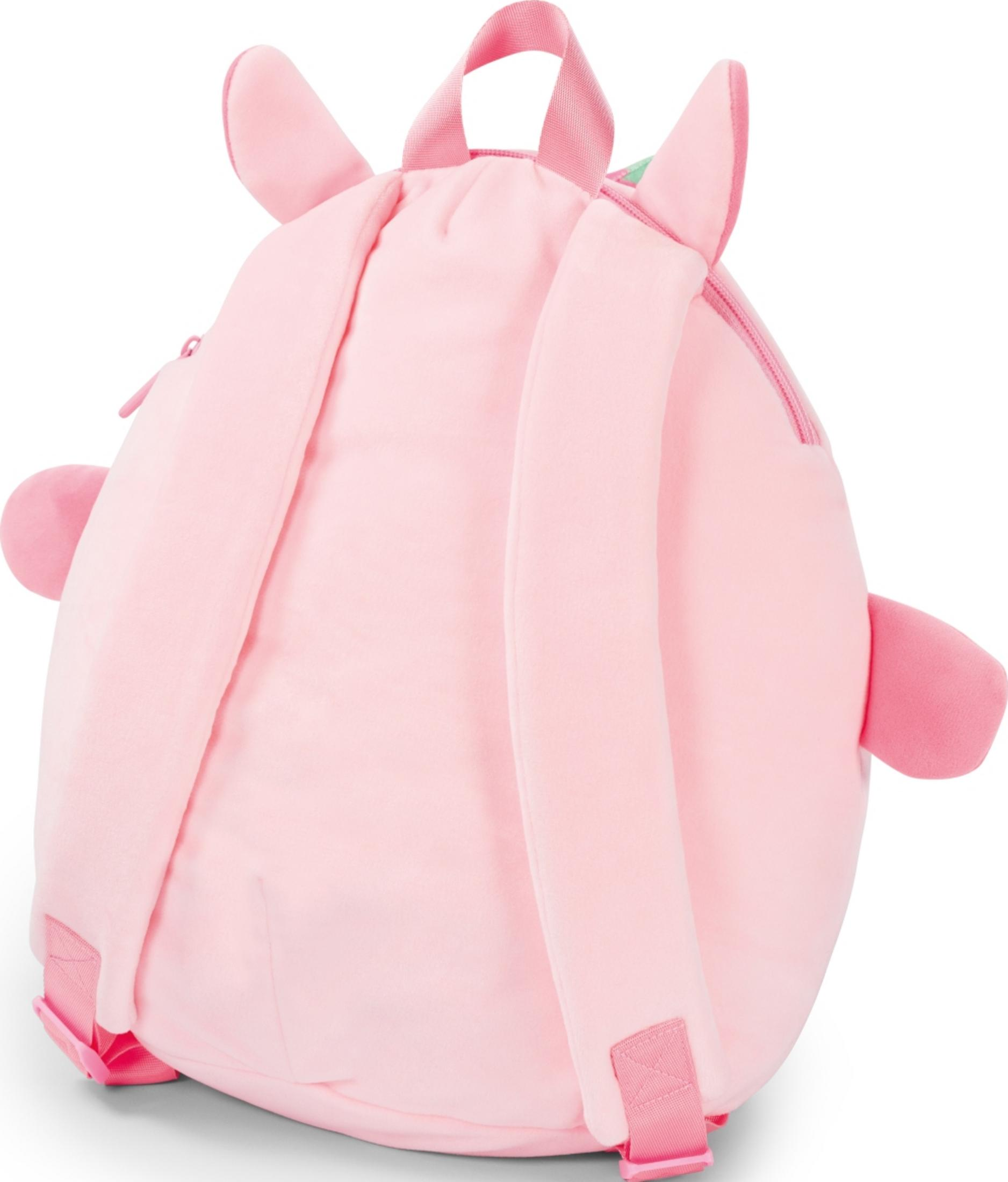 Ein rosa Rucksack mit Ohren, Flügeln und Schwanz, der wie ein Tier aussieht.