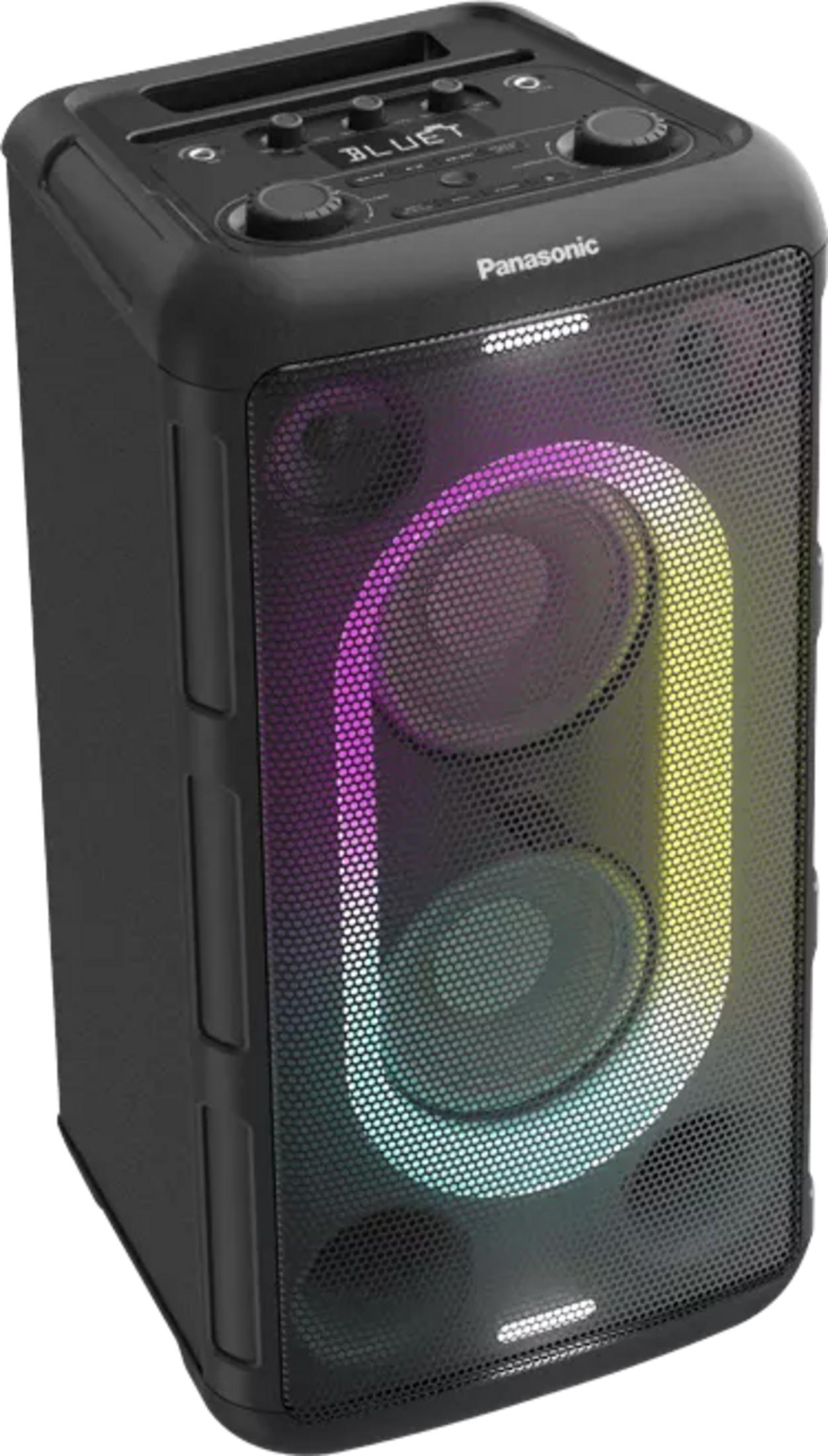 Black Panasonic Bluetooth speaker with multicolor LED lighting and grille front.